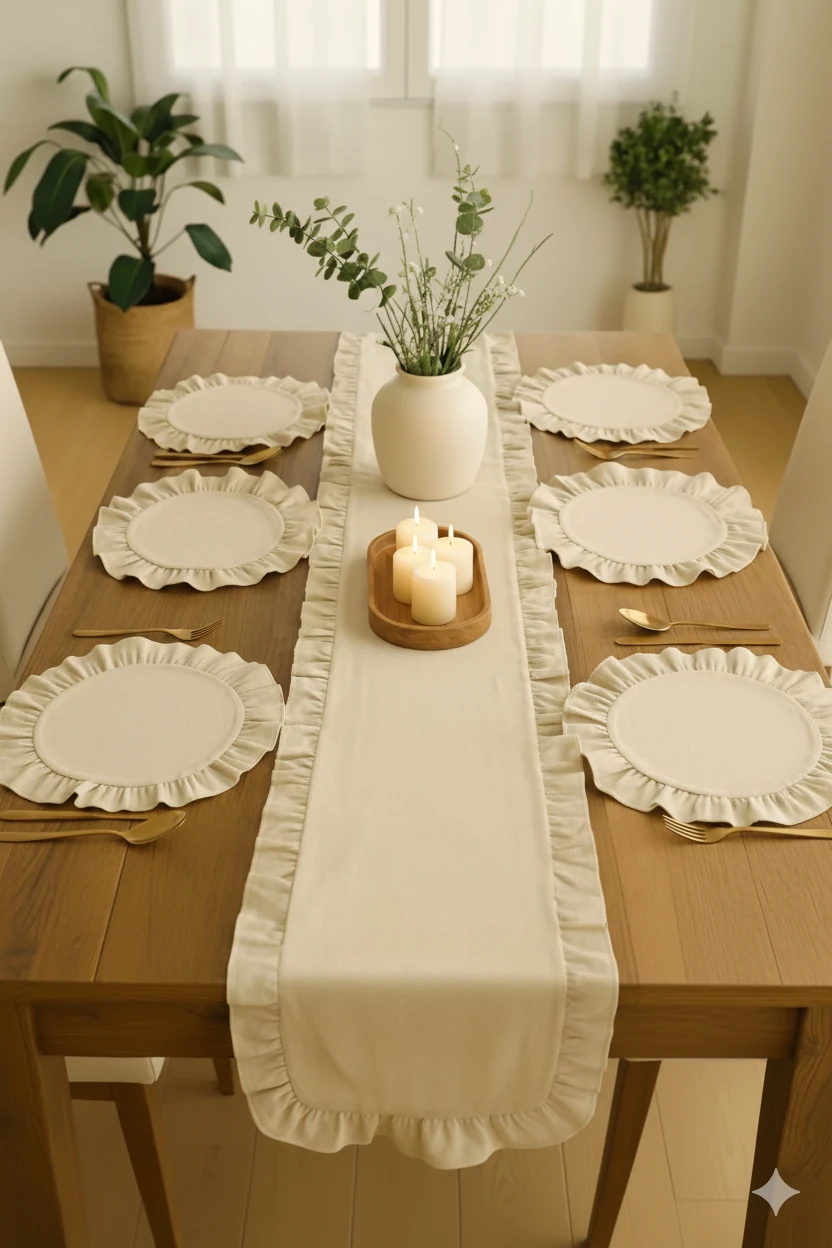 Fırfırlı Keten Runner & 6'lı Fıfırlı Supla Seti - Premium Seri 7 Parça Çeyiz Seti 40x110cm