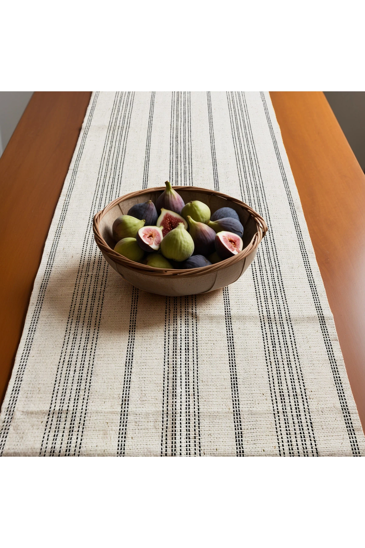 Antrasit Çizgili Pamuk Keten Runner - Antrasit - 40 x 150