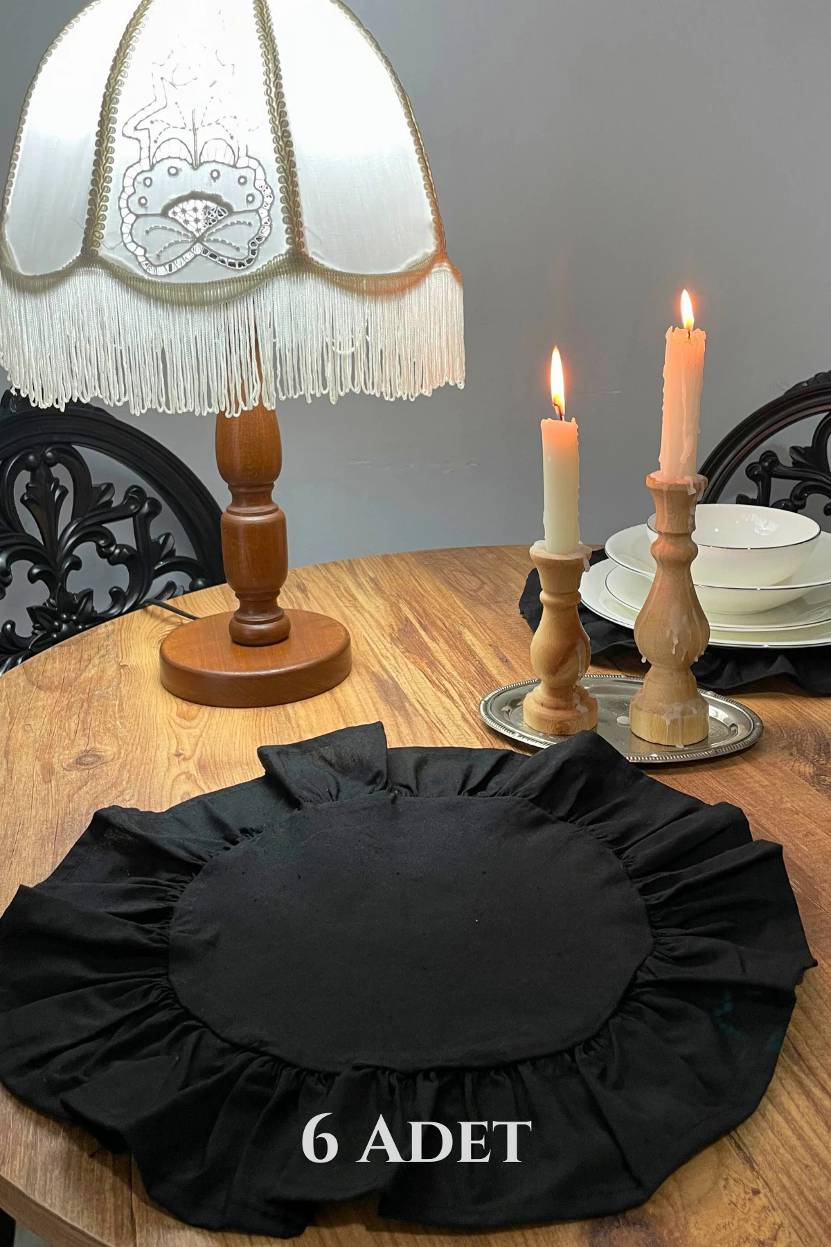 Fırfırlı Keten Yuvarlak Supla Seti - Siyah (6'lı)  - 40 x 40