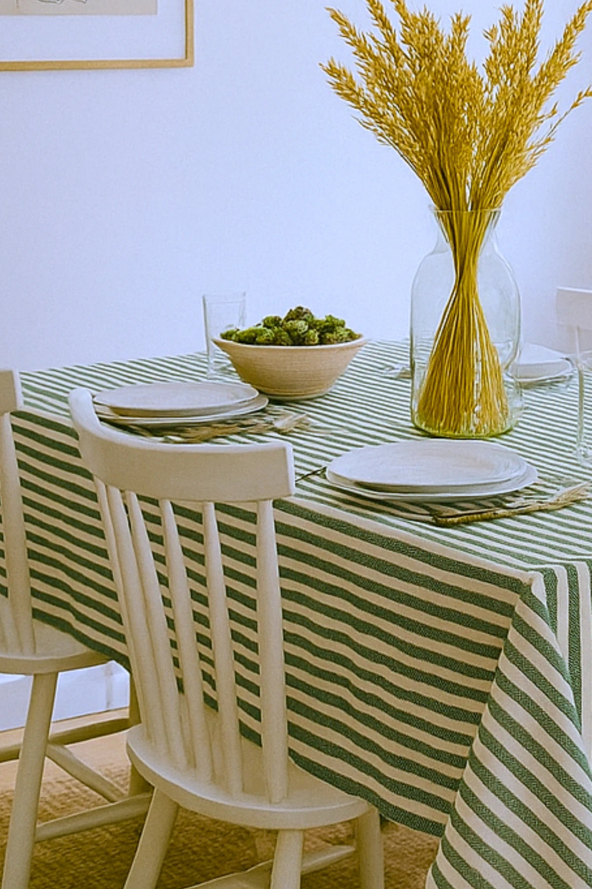 Zümrüt Yeşil Çizgili Keten Masa Örtüsü - Zümrüt Yeşil - 180 x 220