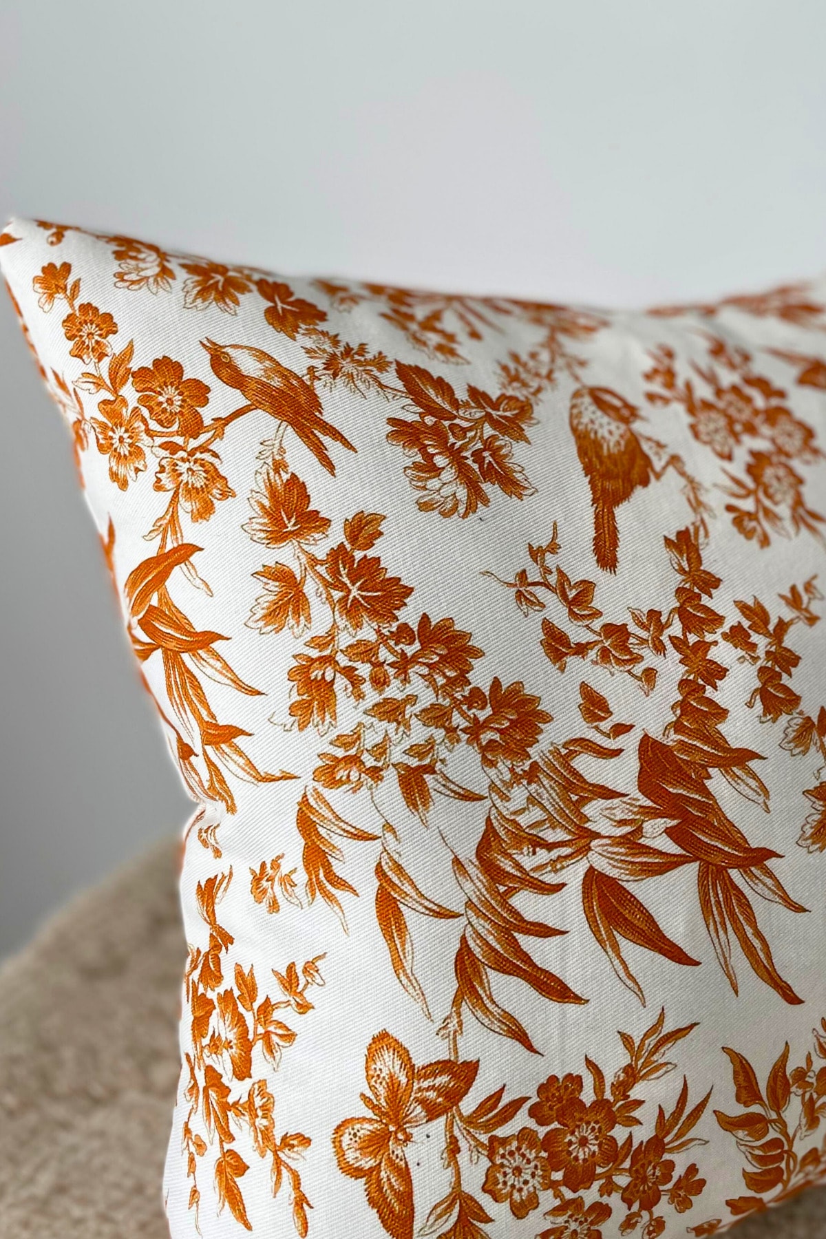 Vintage Kuş Desenli Kırlent Kılıfı (%100 Pamuk) - Turuncu - 45 x 45