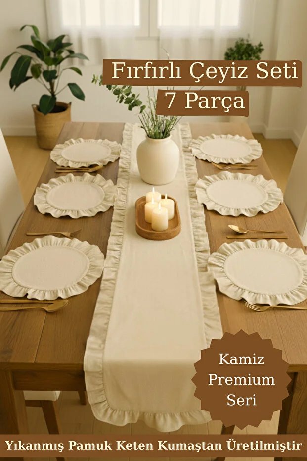 Fırfırlı Keten Runner & 6'lı Fıfırlı Supla Seti - Premium Seri 7 Parça Çeyiz Seti 40x110cm