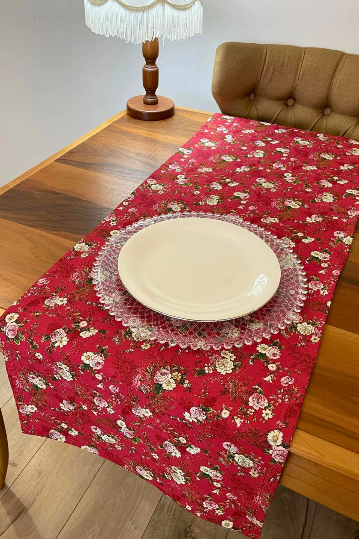 Kırmızı Çiçek Desenli Runner - Kırmızı - 40 x 150