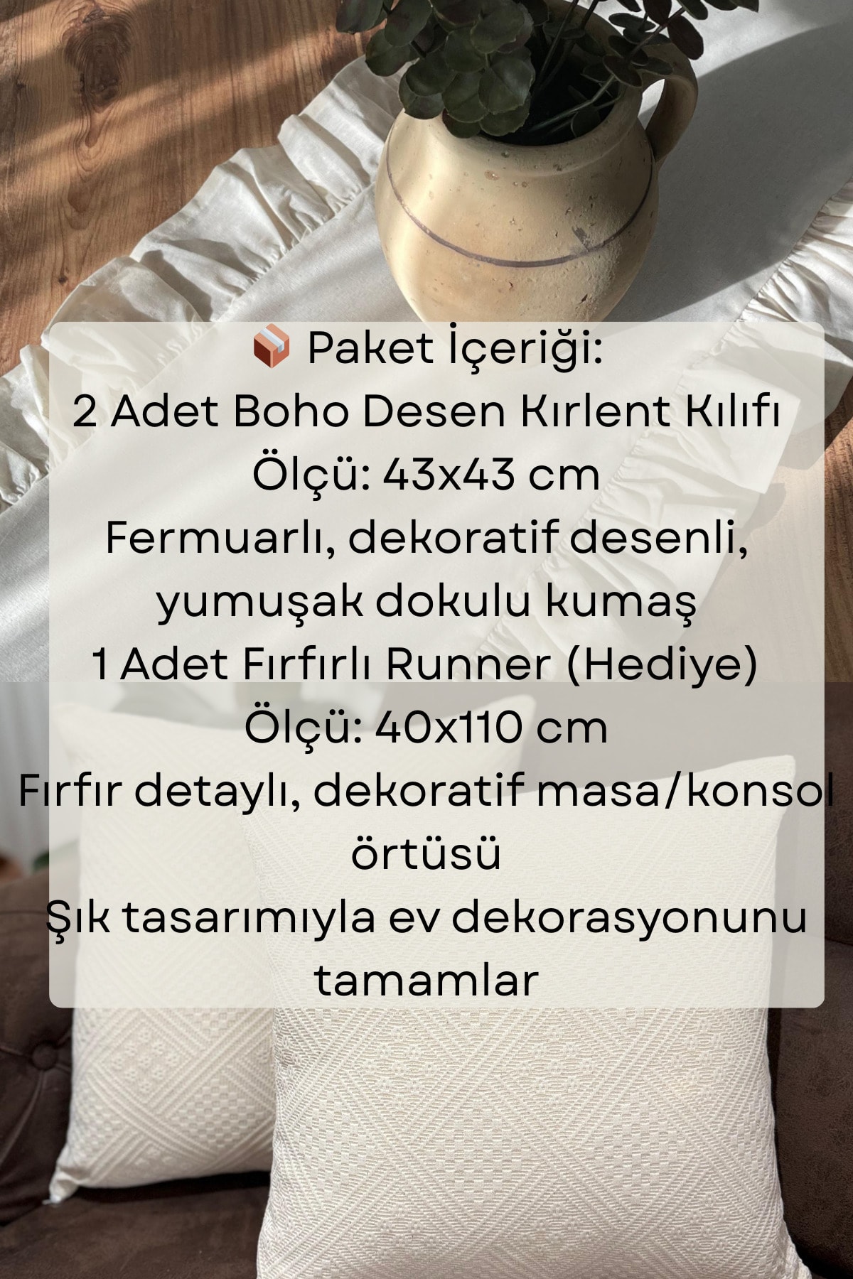 Boho Desen Fırfırlı Runner ve Kırlent Seti (3 Parça) - Ekru - 43 x 43