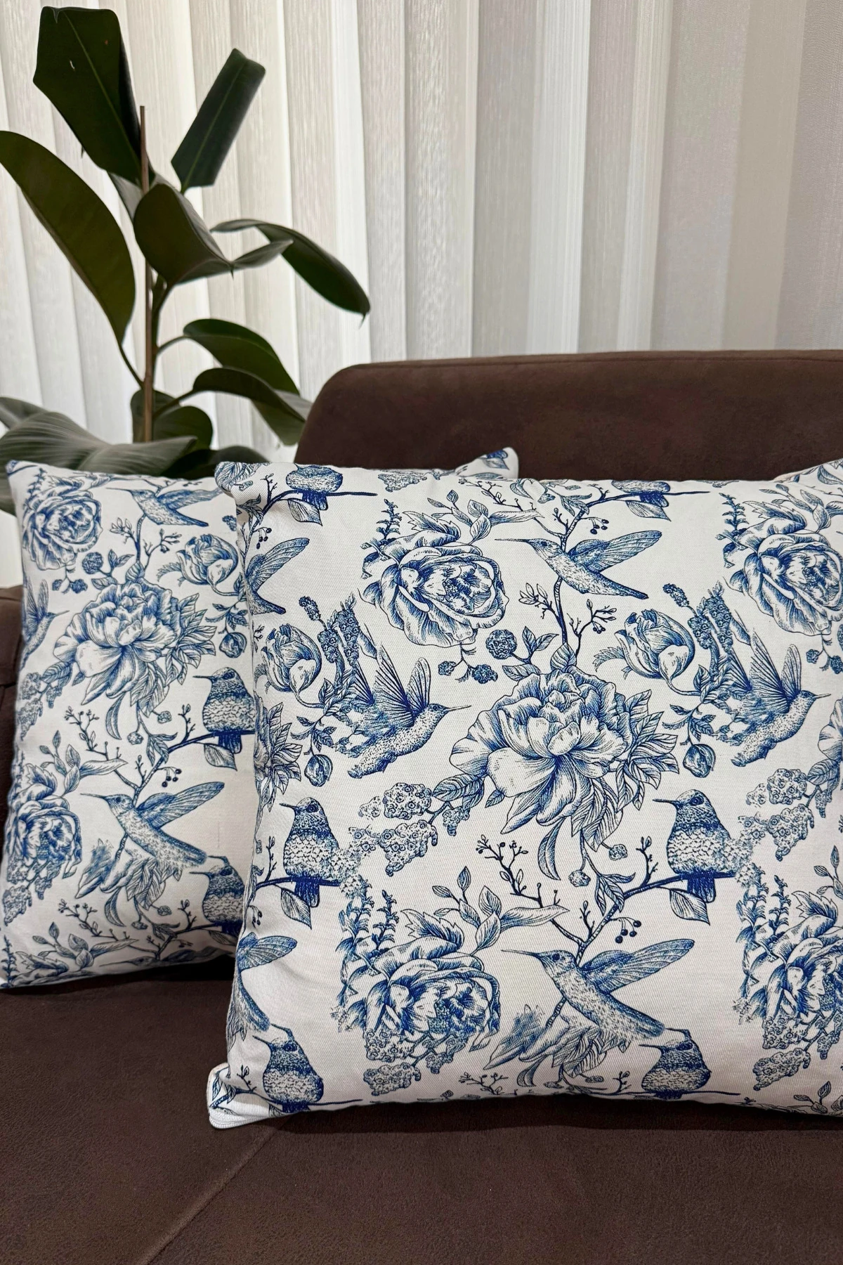 Mavi Kuş Desenli Kırlent Kılıfı (2'li Set) - Mavi - 43 x 43