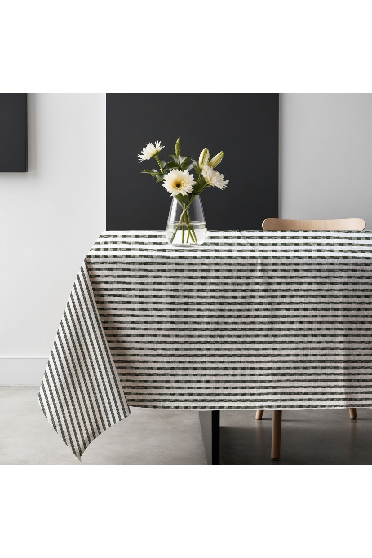 Siyah Çizgili Keten Masa Örtüsü - Siyah - 160 x 220