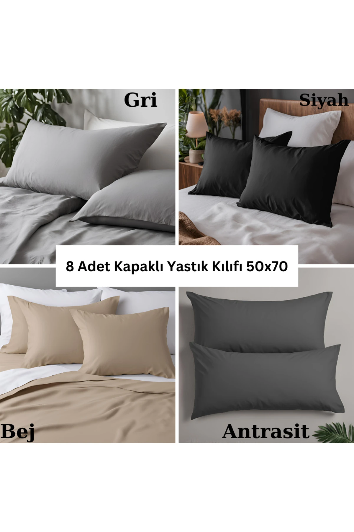 Pamuklu Yastık Kılıfı - 8 Adet - Gri Siyah Bej Antrasit - 50 x 70