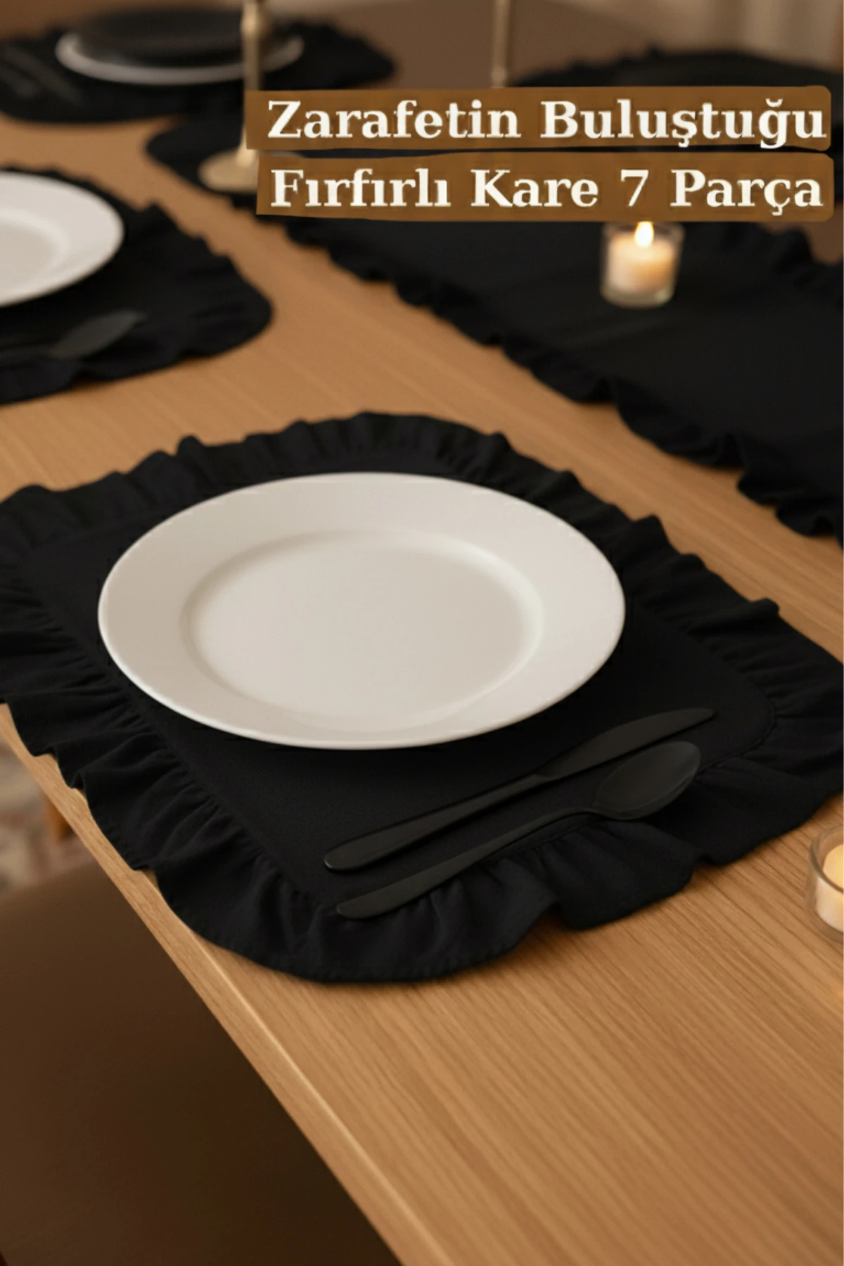 Fırfırlı Keten Runner ve Kare Supla Seti (7 Parça) - Siyah - 40 x 110