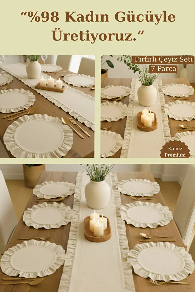 Fırfırlı Keten Runner & 6'lı Fıfırlı Supla Seti - Premium Seri 7 Parça Çeyiz Seti 40x110cm