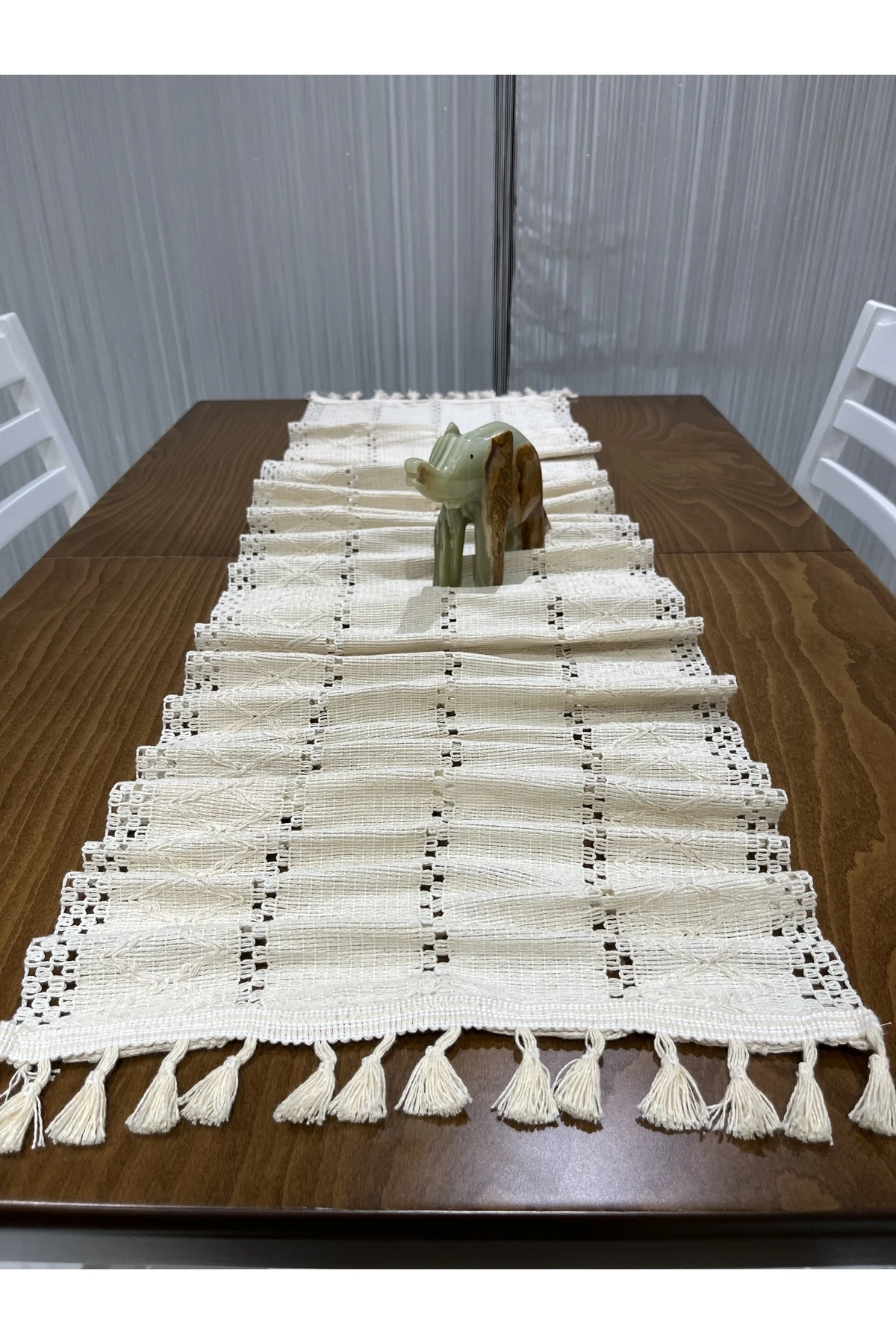 Otantik Desenli Püsküllü Runner (35x140 cm) - Bej - 35 x 140