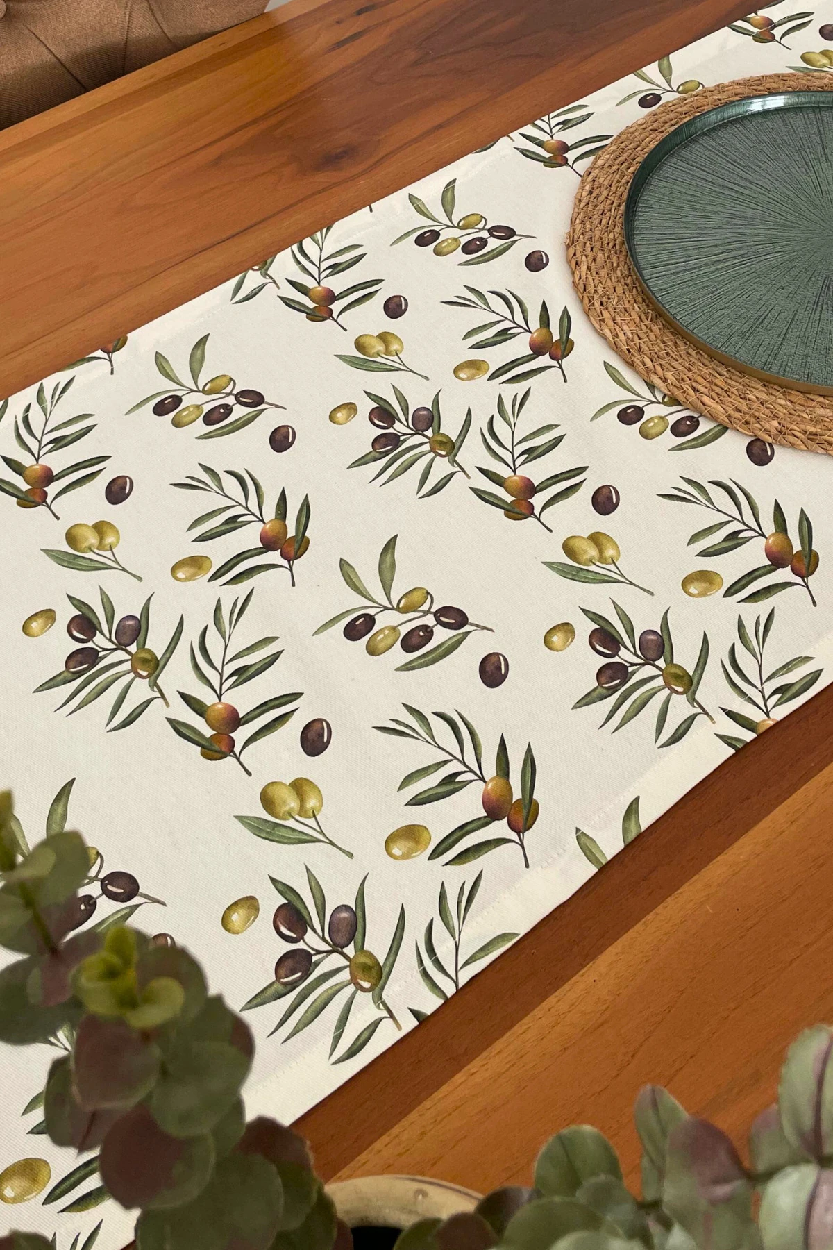 Zeytin Desenli Runner - Zeytin Yeşili - 40 x 150