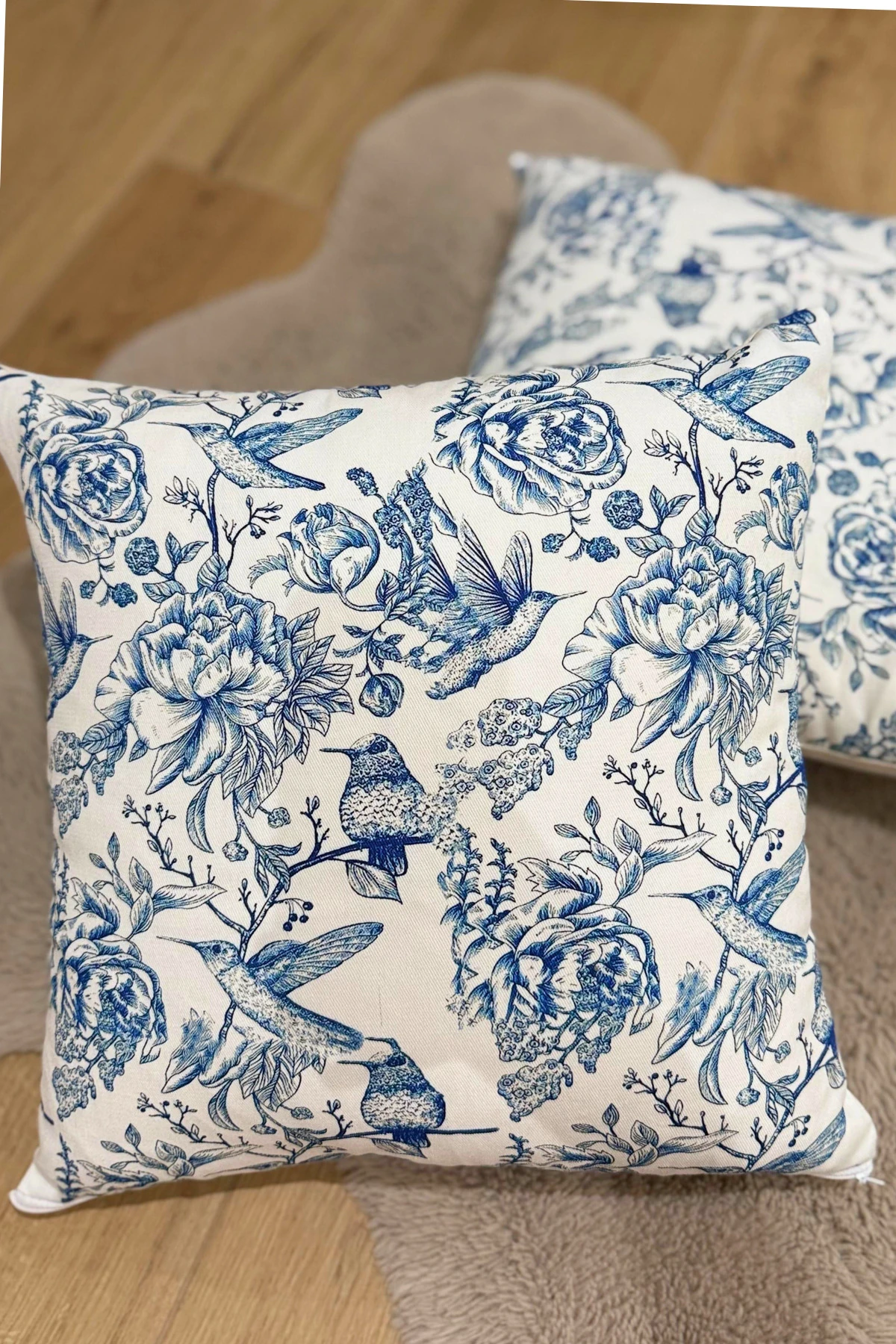 Mavi Kuş Desenli Kırlent Kılıfı (2'li Set) - Mavi - 43 x 43