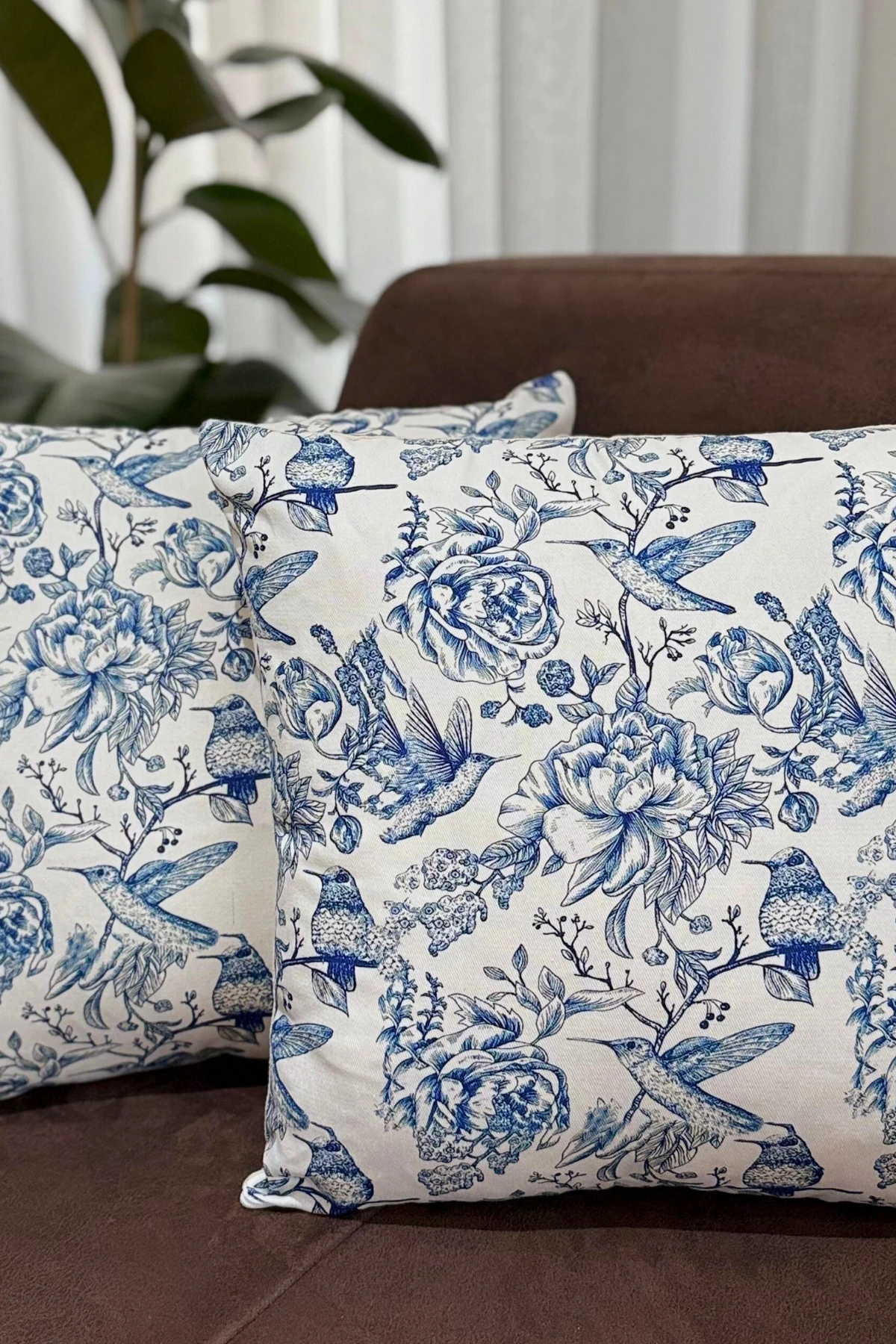 Mavi Kuş Desenli Kırlent Kılıfı (2'li Set) - Mavi - 43 x 43