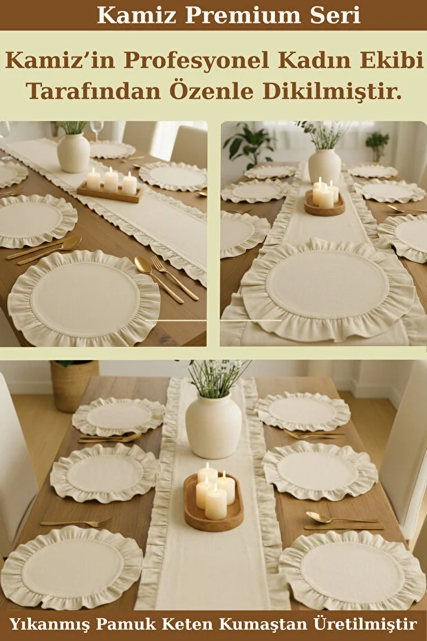 Fırfırlı Keten Runner & 6'lı Fıfırlı Supla Seti - Premium Seri 7 Parça Çeyiz Seti 40x110cm