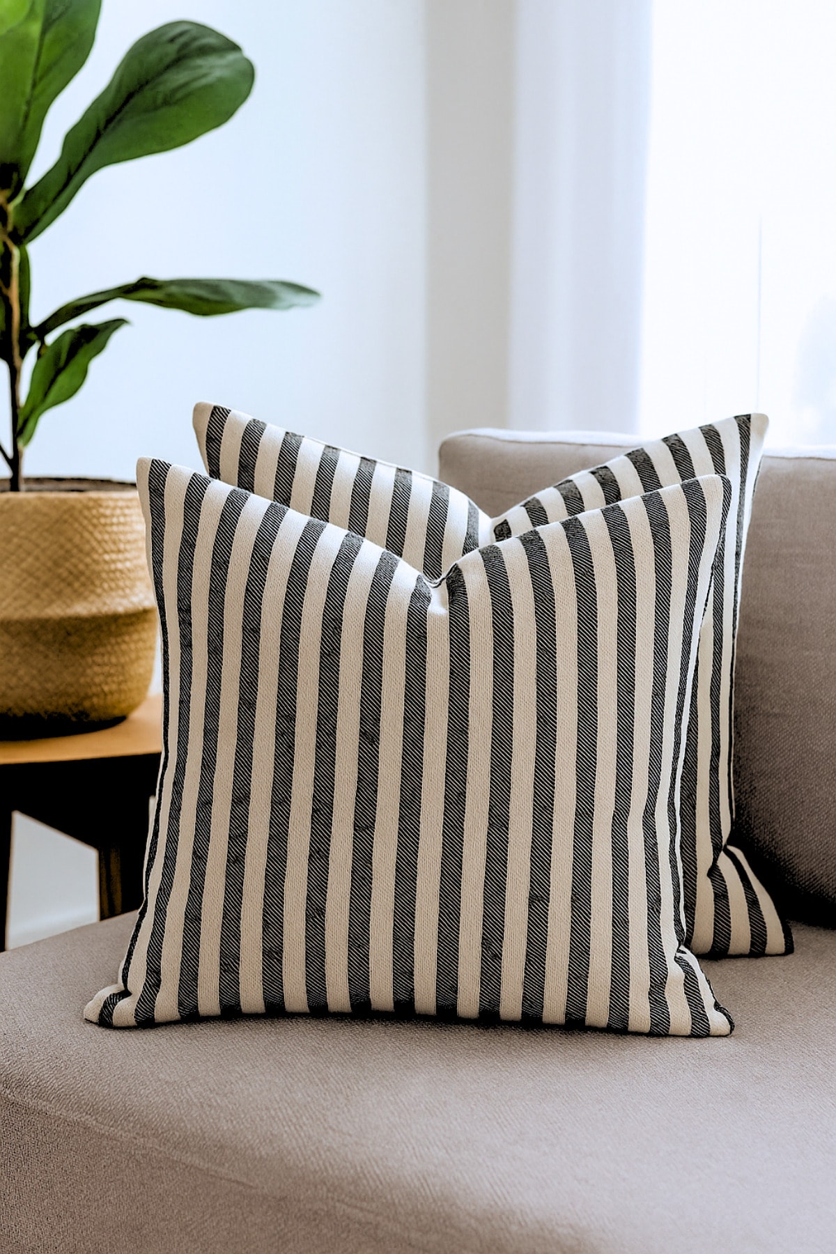 Çizgili Pamuk Keten Kırlent Kılıfı (2'li Set) - Siyah - 43 x 43