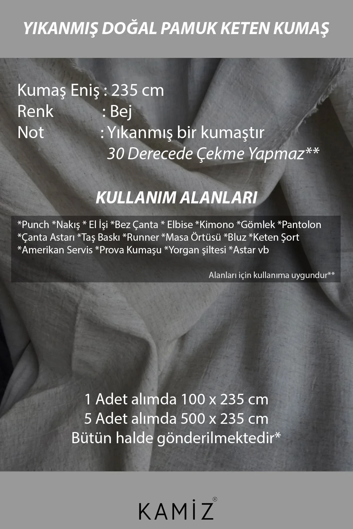 Yıkanmış Organik Keten Kumaş - Bej - 100 x 230