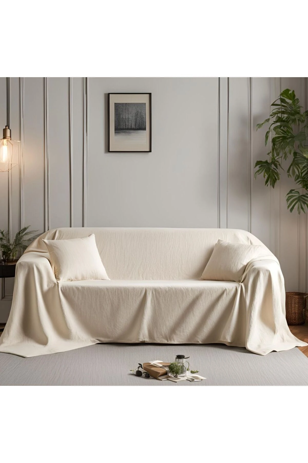Pamuk Keten Koltuk Örtüsü - Ekru (170x220 cm) - Ekru - 170 x 220