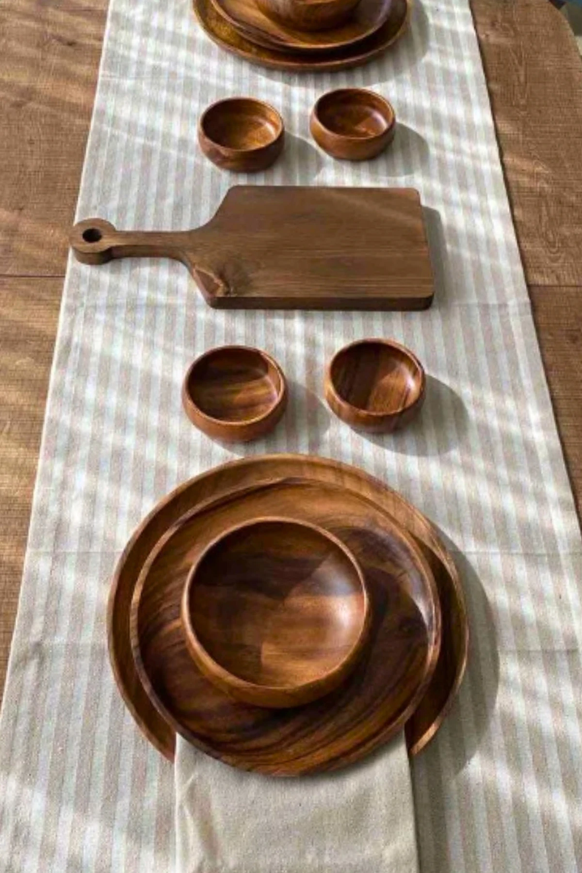 Açık Kahve Çizgili Keten Runner - Kahverengi - 40 x 150