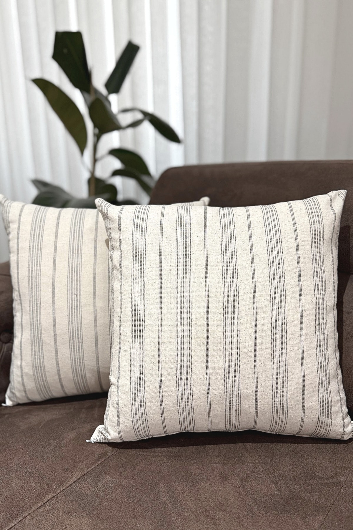 Çizgili Pamuk Keten 2'li Kırlent Kılıfı - Çok Renkli - 43 x 43