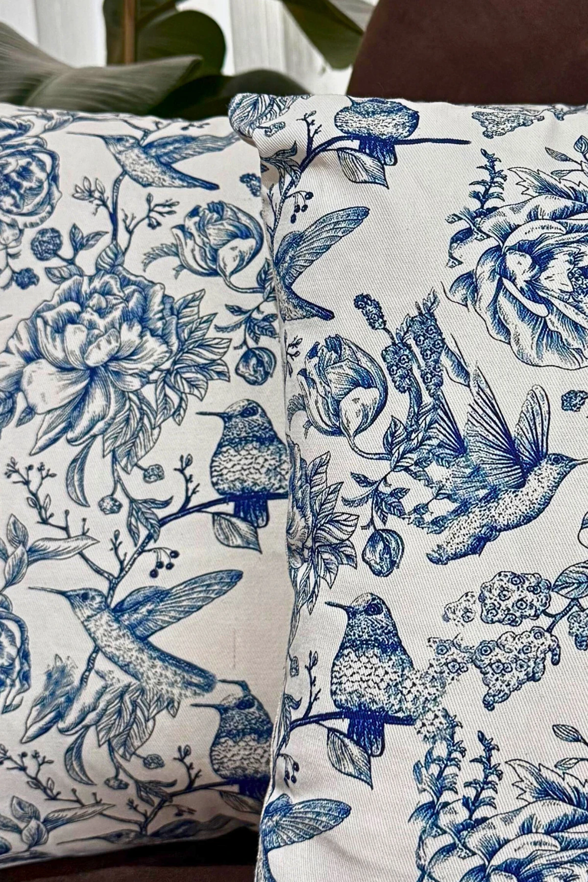 Mavi Kuş Desenli Kırlent Kılıfı (2'li Set) - Mavi - 43 x 43