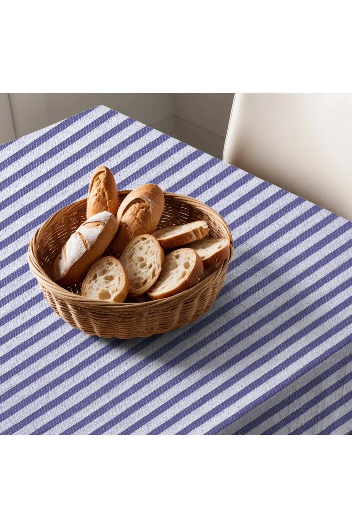 Lacivert Çizgili Keten Masa Örtüsü - Lacivert - 160 x 220