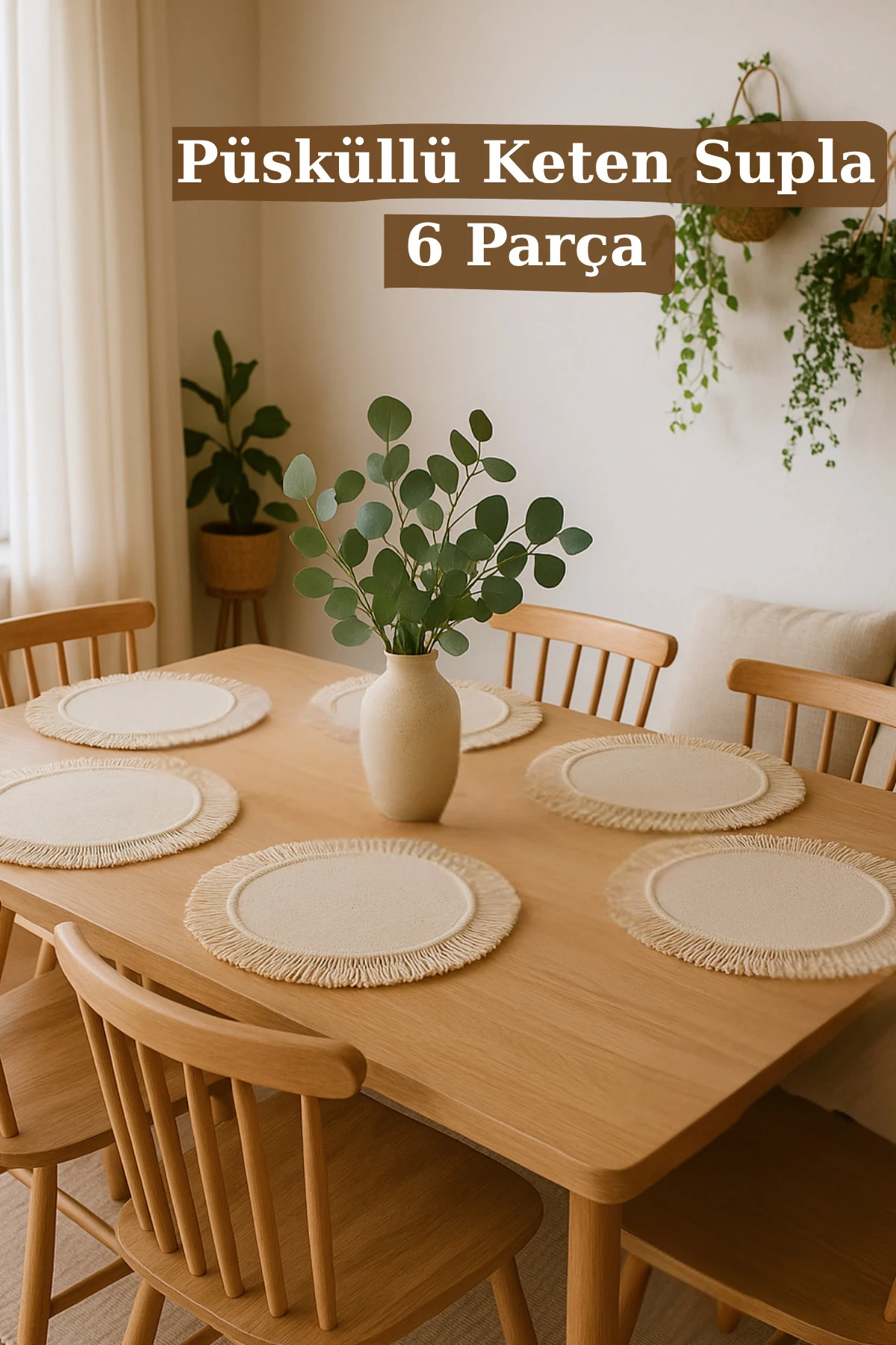 Püsküllü Keten Amerikan Servis Seti (6 Adet) - Doğal Bej - 40 x 40