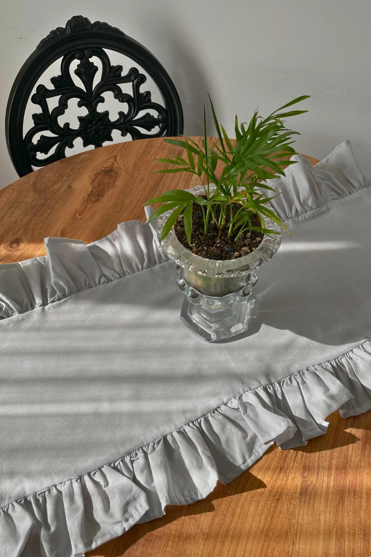 Fırfırlı Keten Runner - Gri - 40 x 110