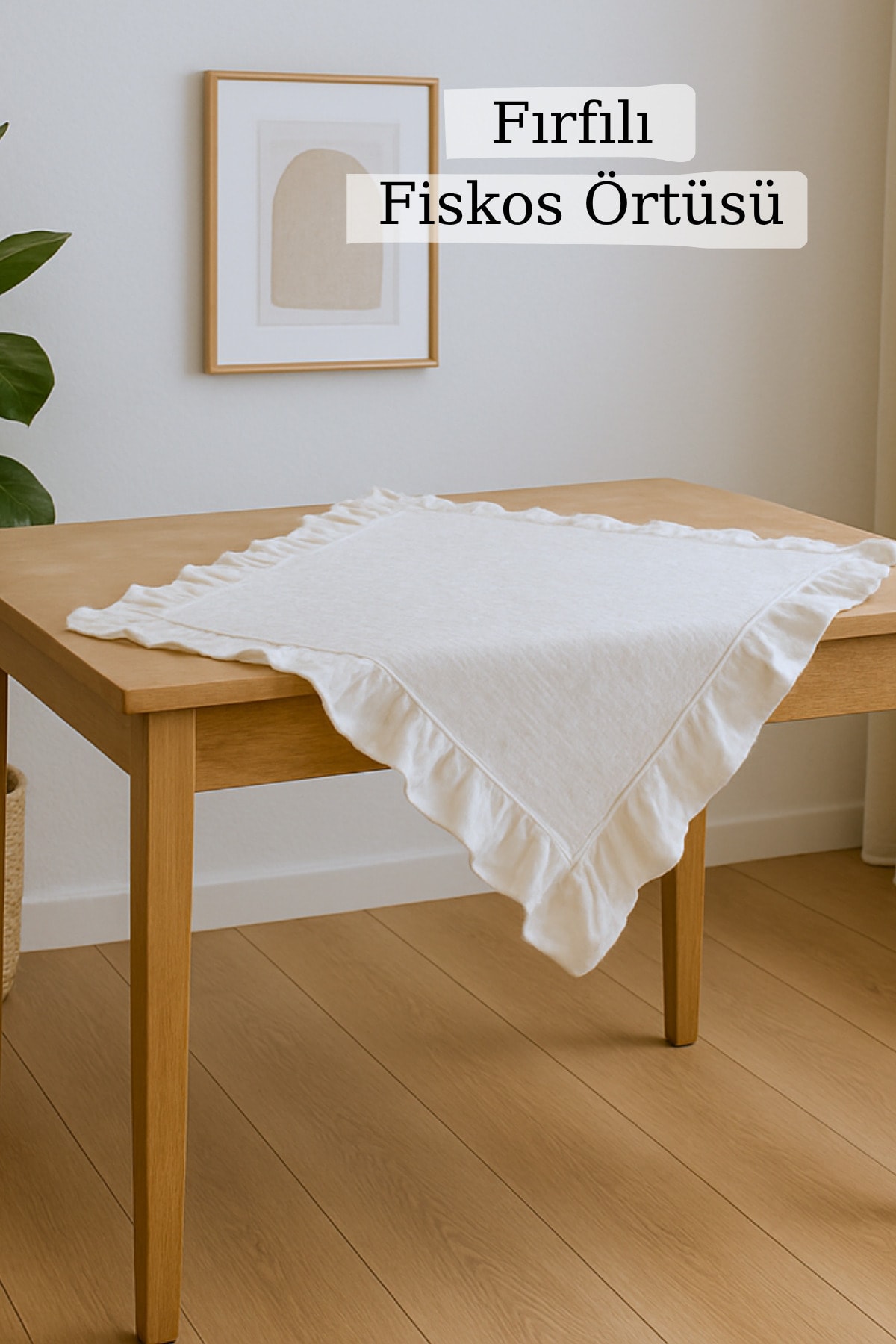 Fırfırlı Keten Runner / Fiskos & Masa Örtüsü - Bej - 80 x 80