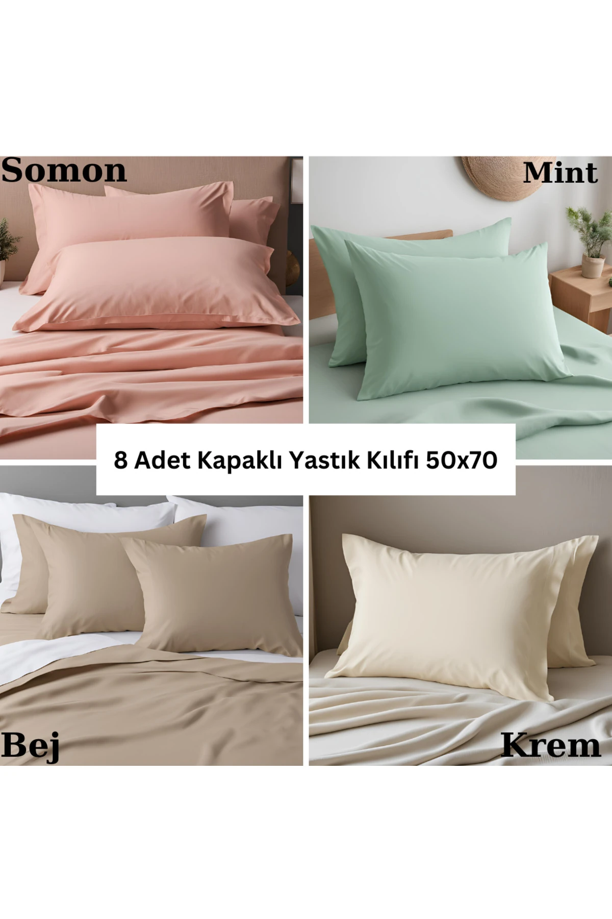 Pamuklu Yastık Kılıfı - 8 Adet - Somon Mint Bej Krem - 50 x 70