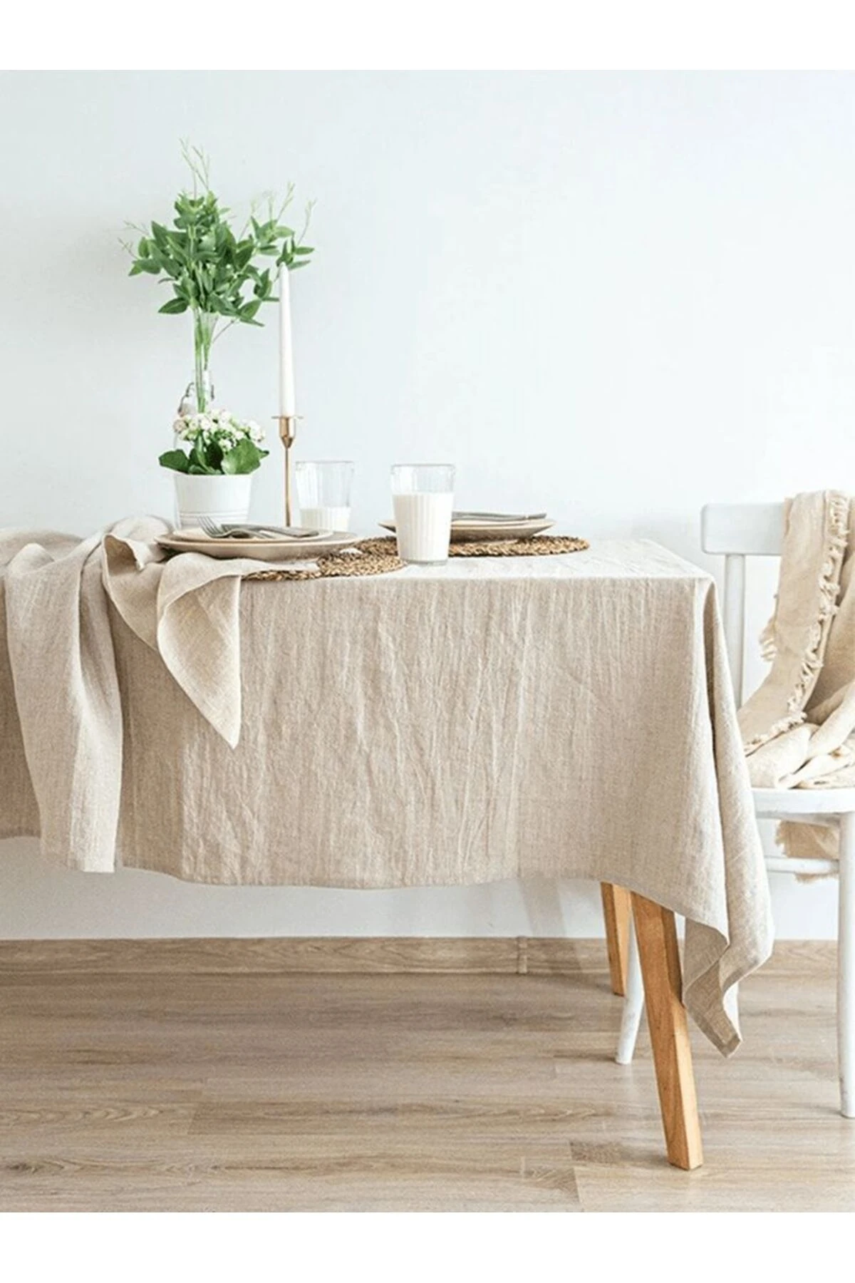 Doğal Pamuk Keten Masa Örtüsü - Bej - 140 x 180