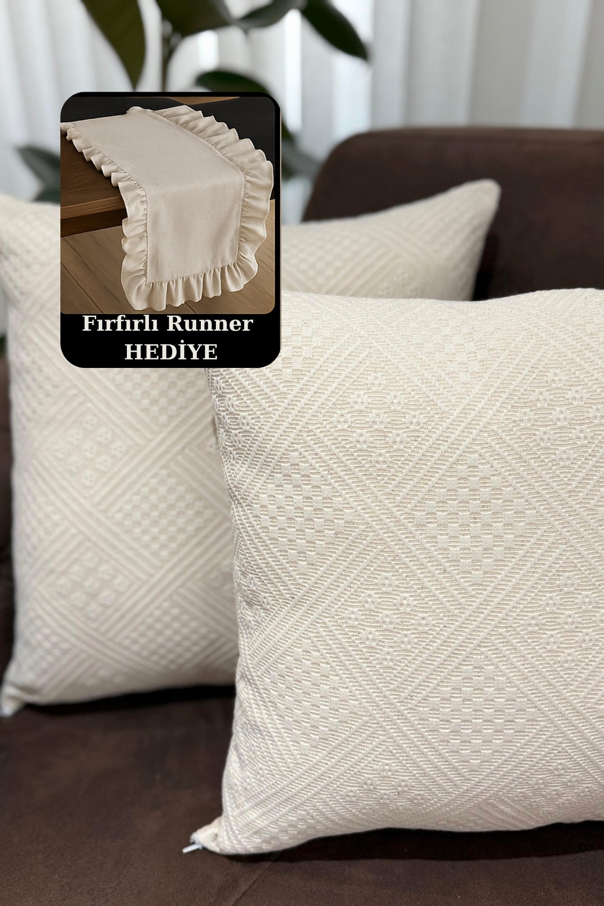 Boho Desen Fırfırlı Runner ve Kırlent Seti (3 Parça) - Ekru - 43 x 43