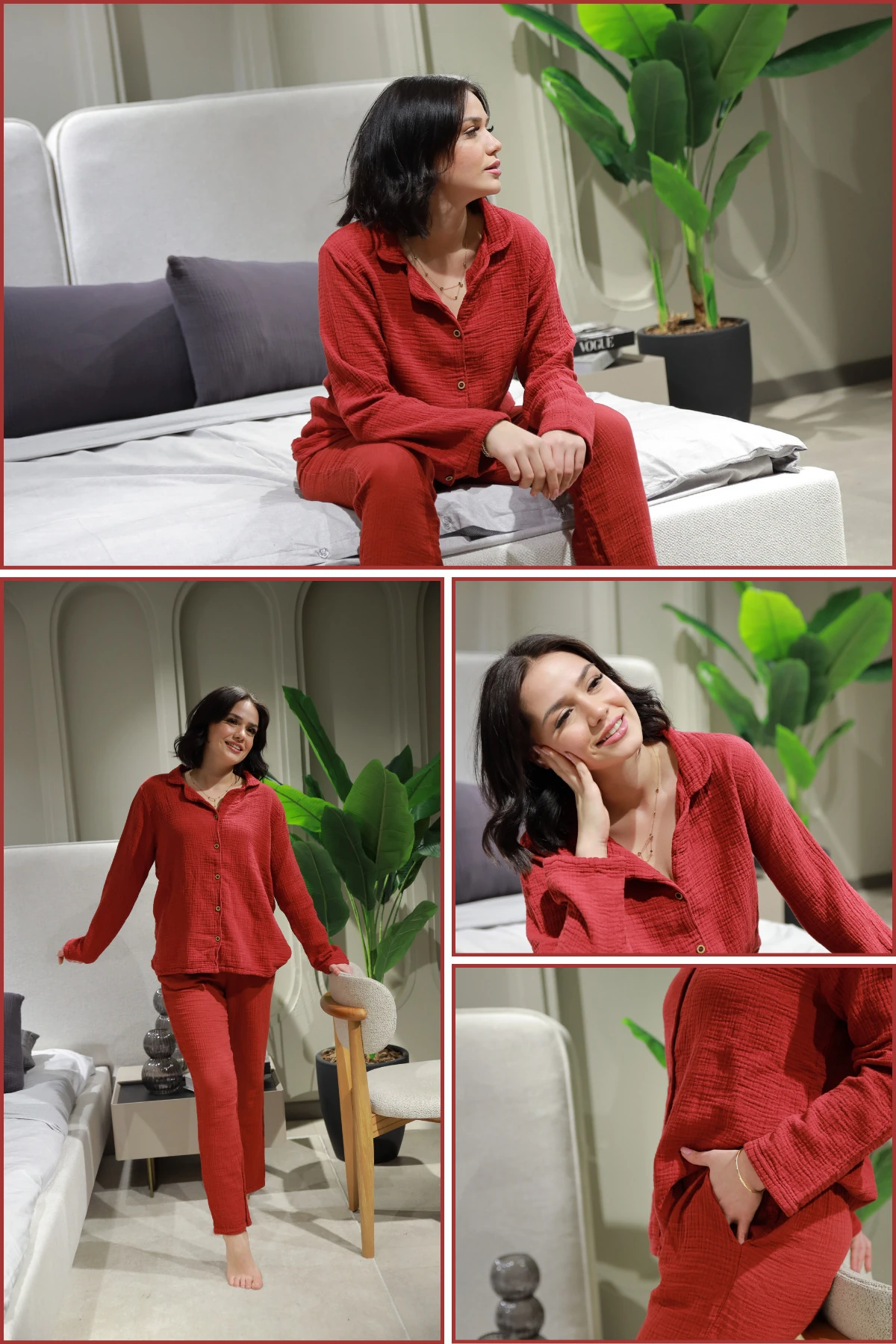 Doğal Pamuk Müslin Kadın Pijama Takımı (Uzun Kollu) - Bordo -