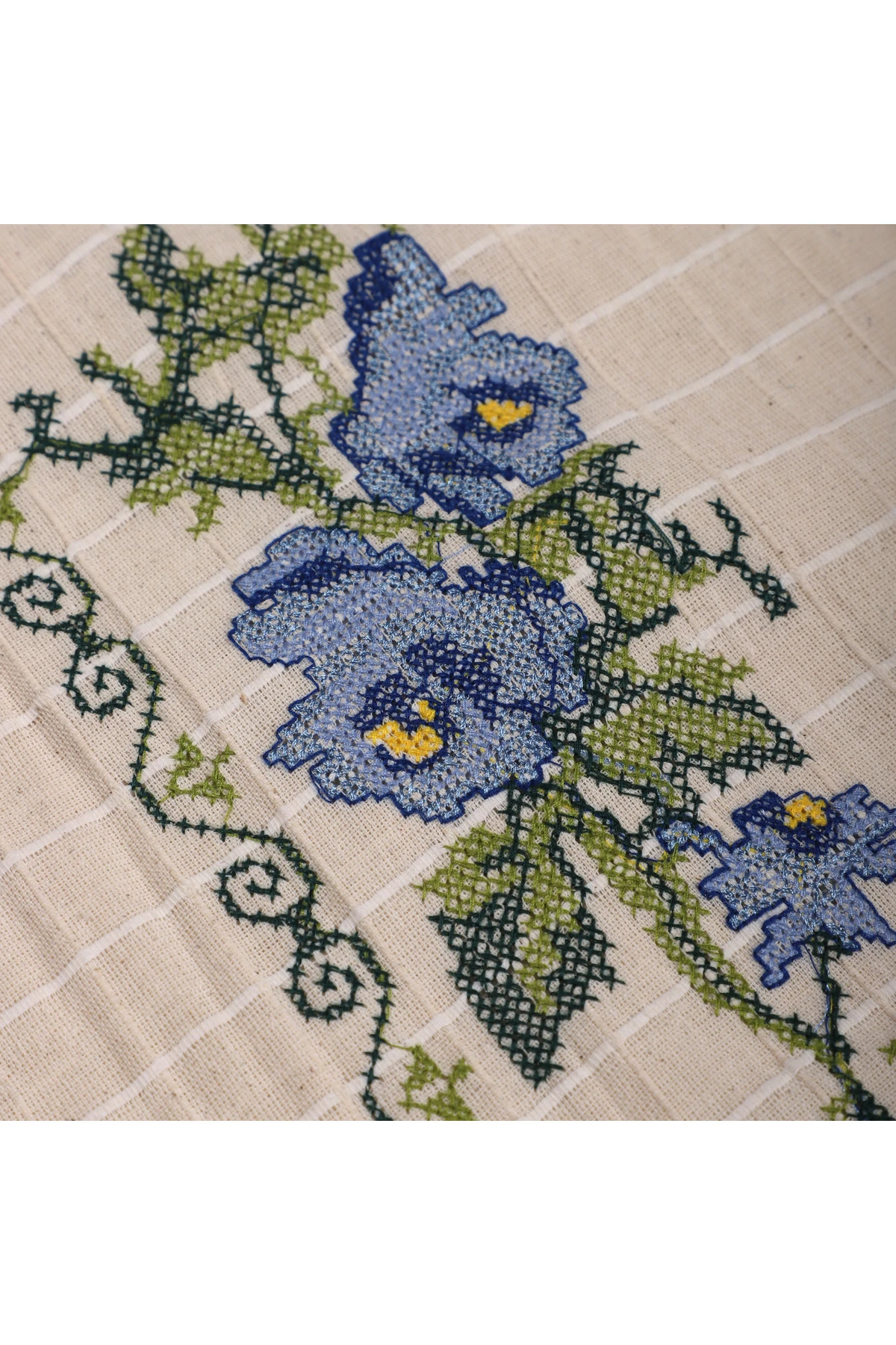 Kanaviçeli Monika Perde & Runner Kumaşı - Mavi - Mavi - 100 x 210