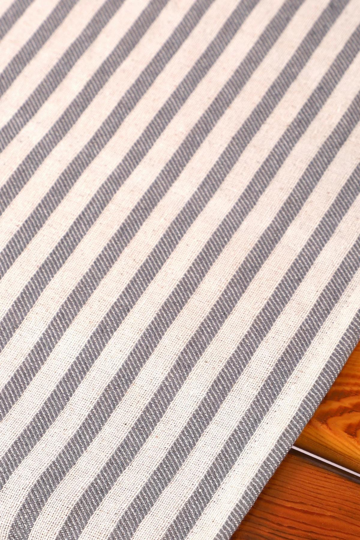 Gri Çizgili Keten Runner - Çizgili Gri - 40 x 150