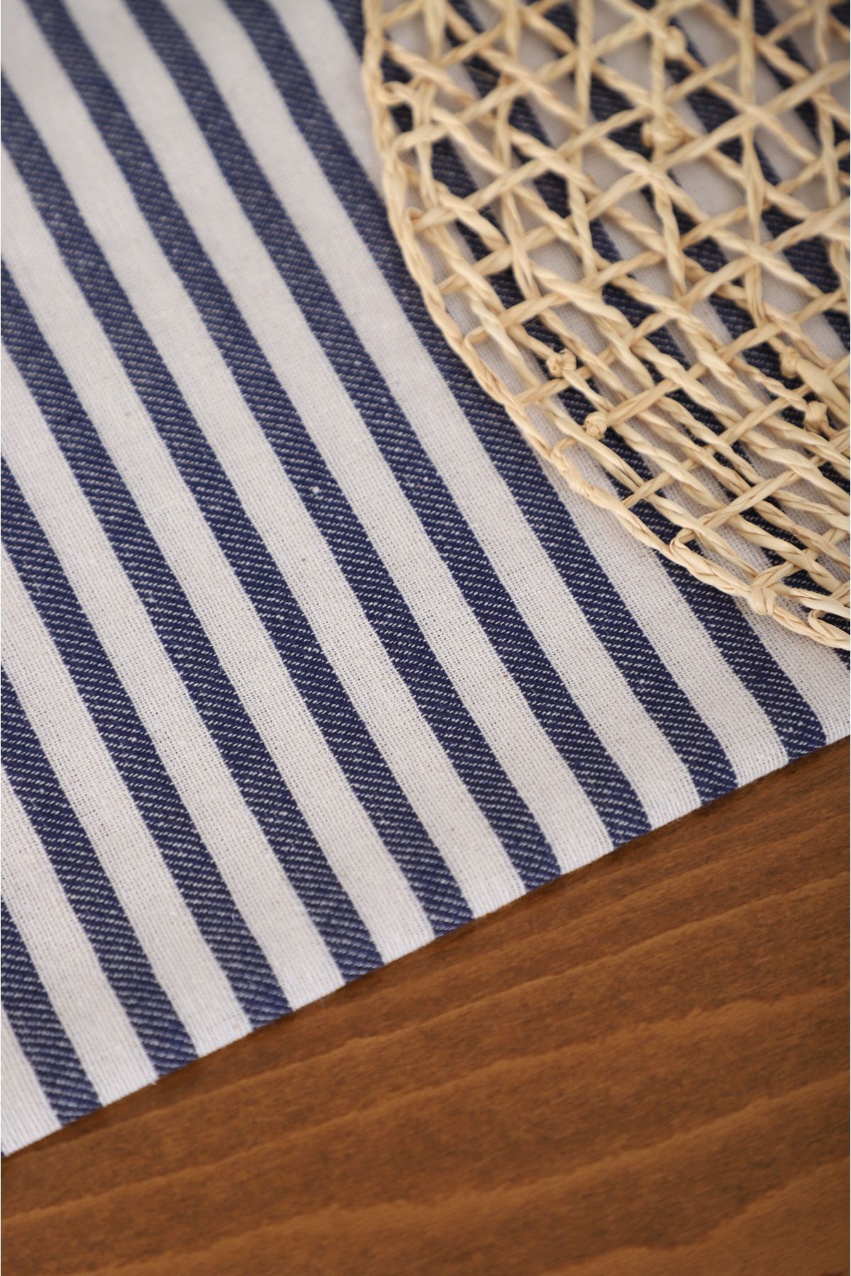 Lacivert Çizgili Keten Runner - Lacivert - 40 x 150