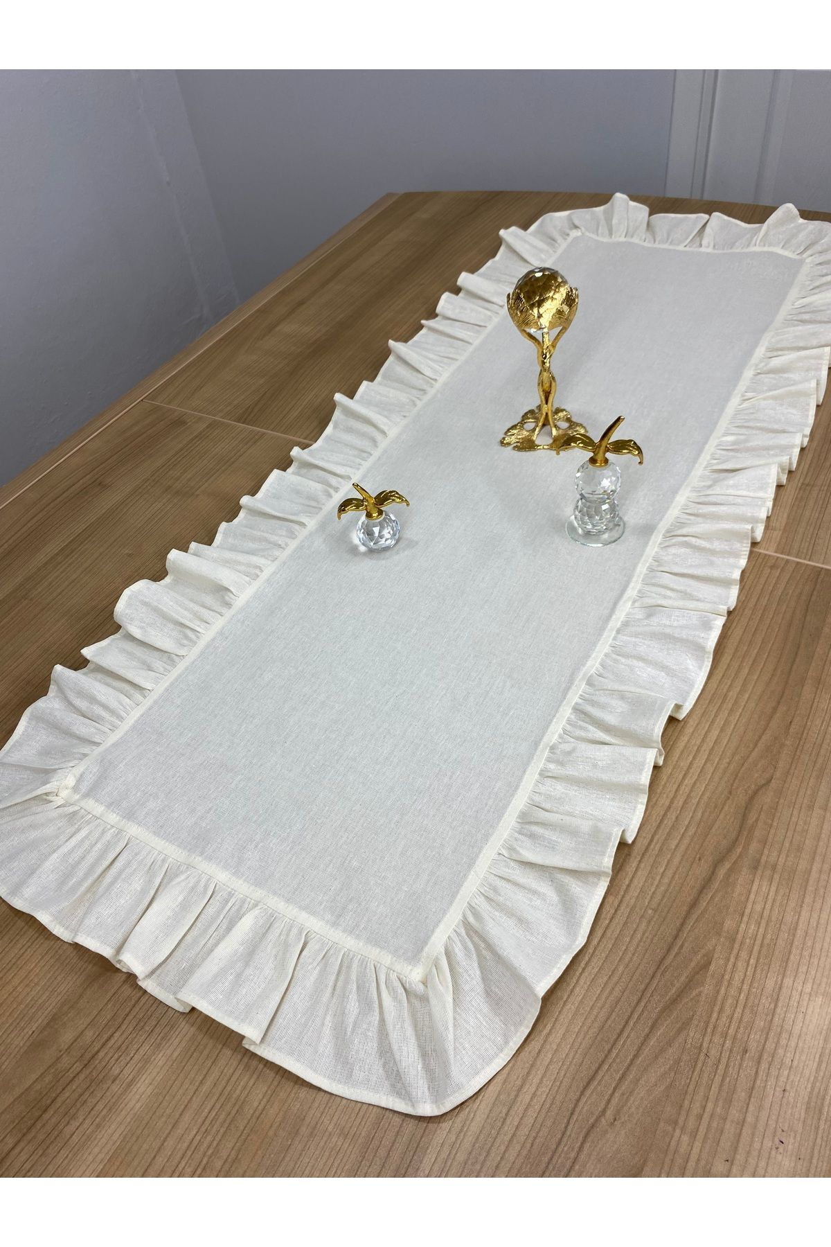 Fırfırlı Ham Keten Runner - Bej - 40 x 110