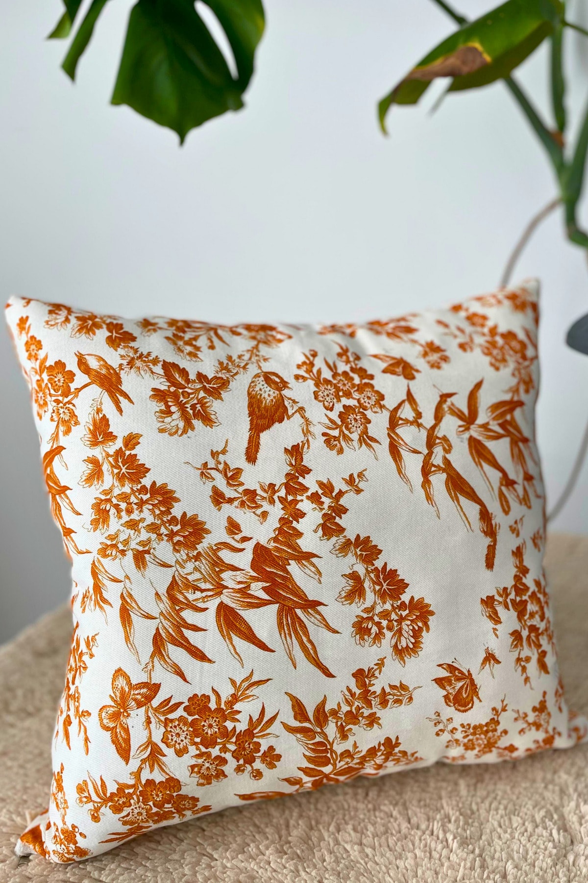 Vintage Kuş Desenli Kırlent Kılıfı (%100 Pamuk) - Turuncu - 45 x 45