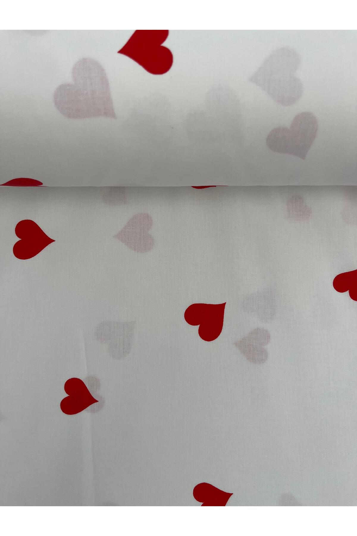 Kırmızı Kalp Desenli Poplin Kumaş - Kırmızı - 100 x 240