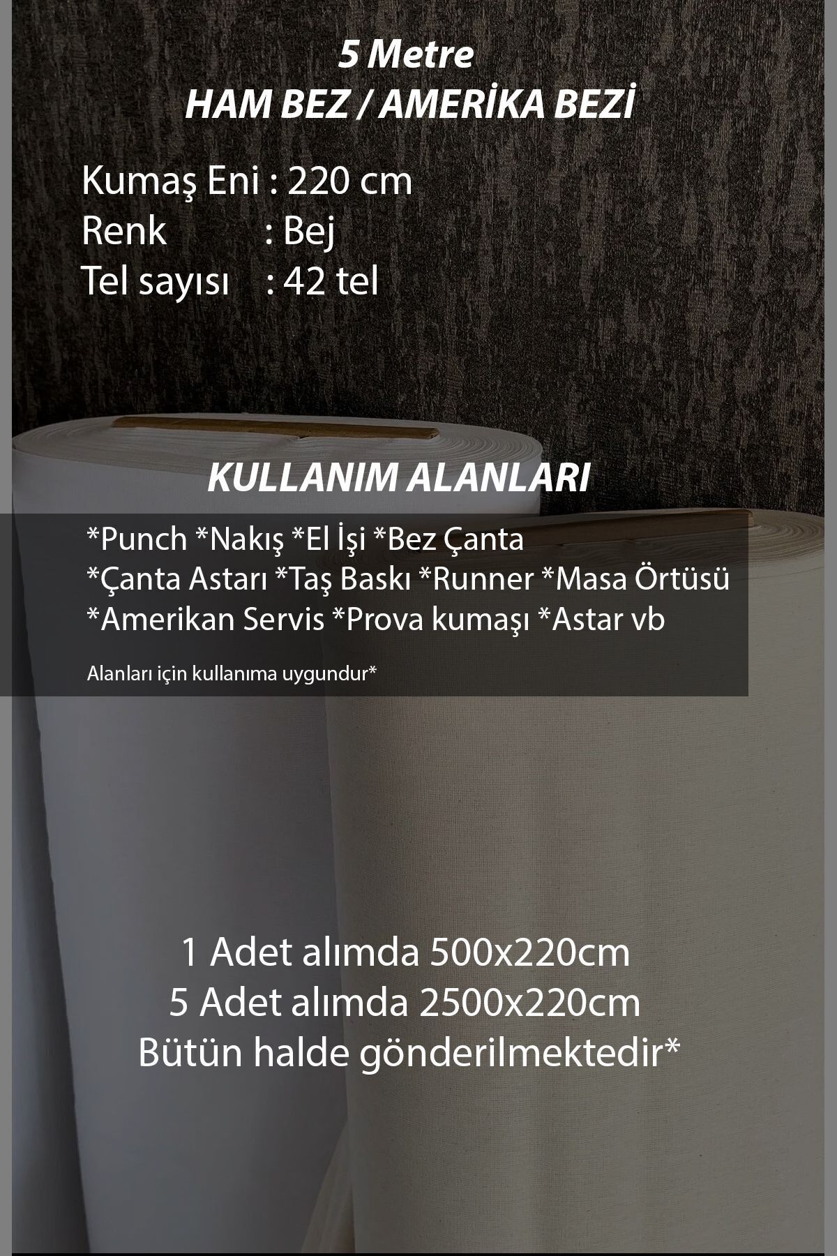 5 Metre Ham Amerikan Bezi (Punch & Hobi Kumaşı) - Bej - 100 x 220