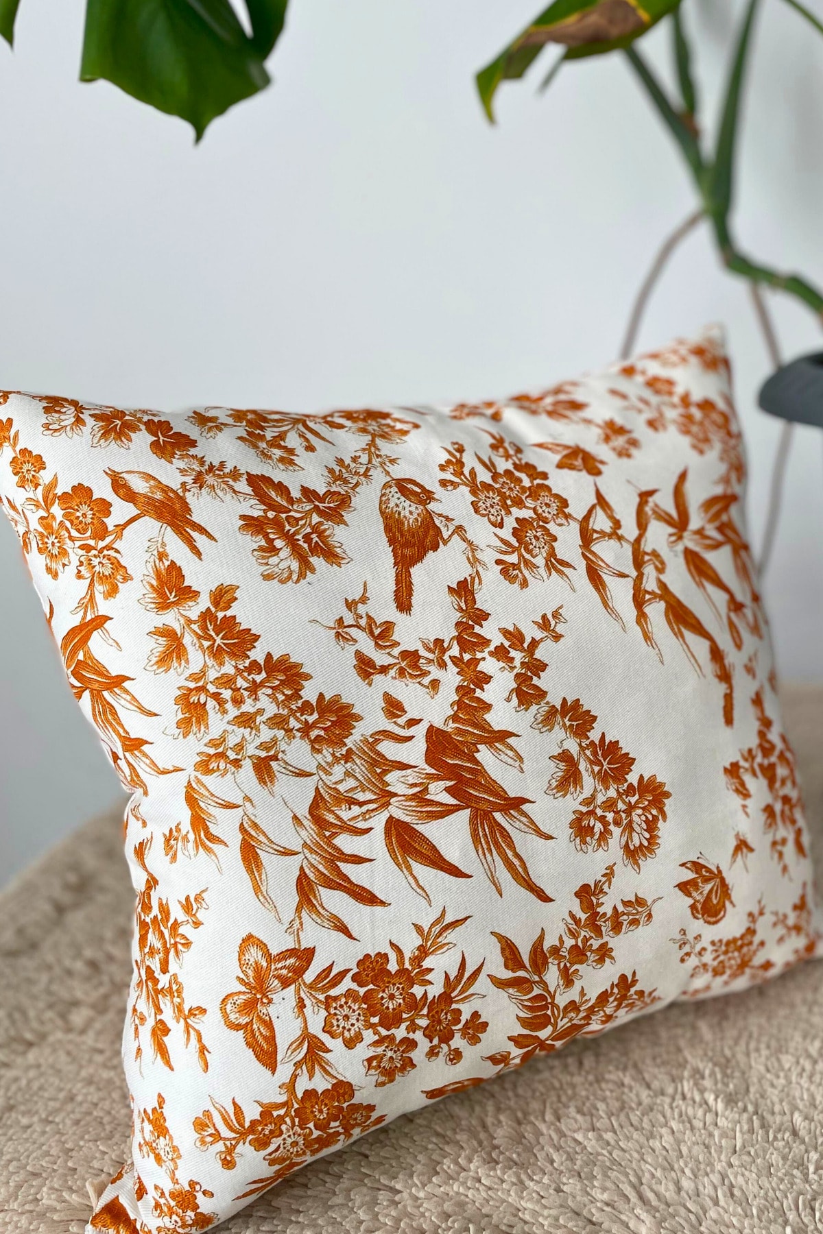 Vintage Kuş Desenli Kırlent Kılıfı (%100 Pamuk) - Turuncu - 45 x 45