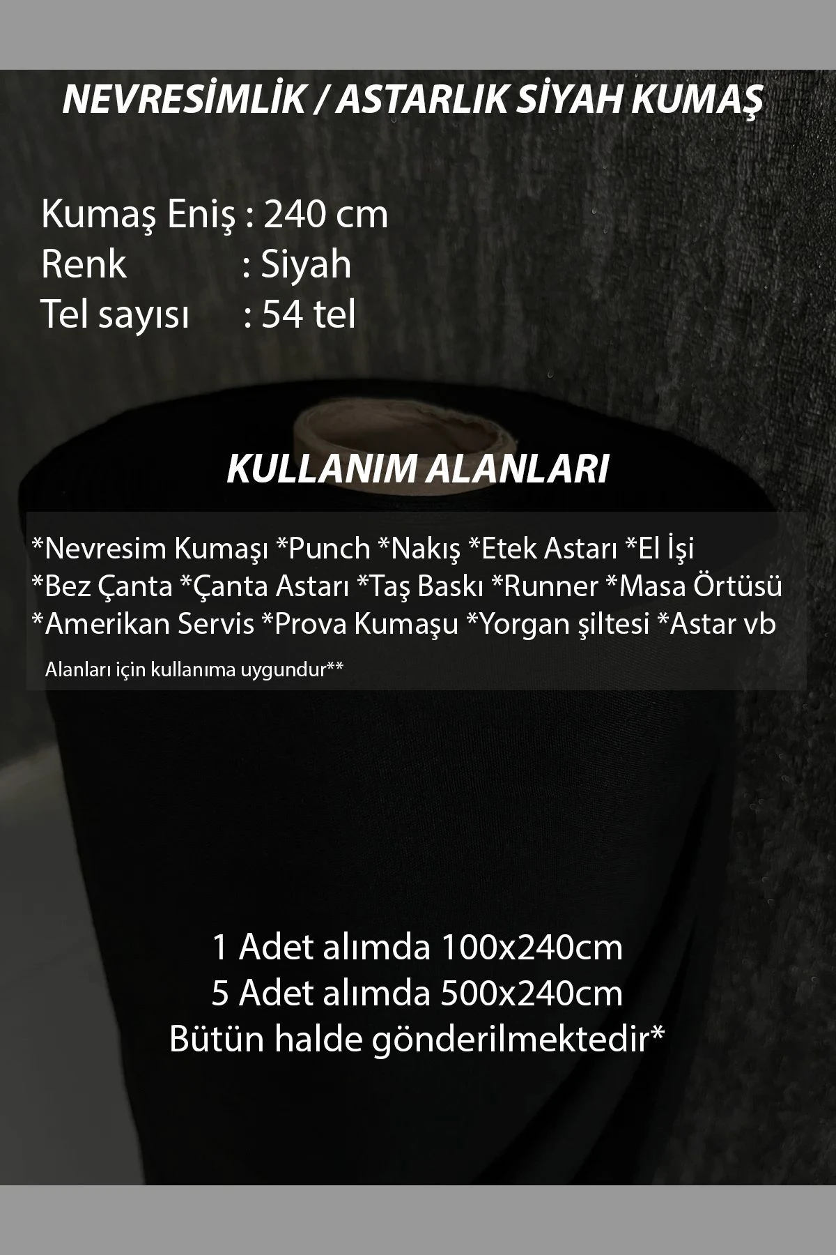 Siyah Amerikan Bezi Kumaş - Siyah - 100 x 240