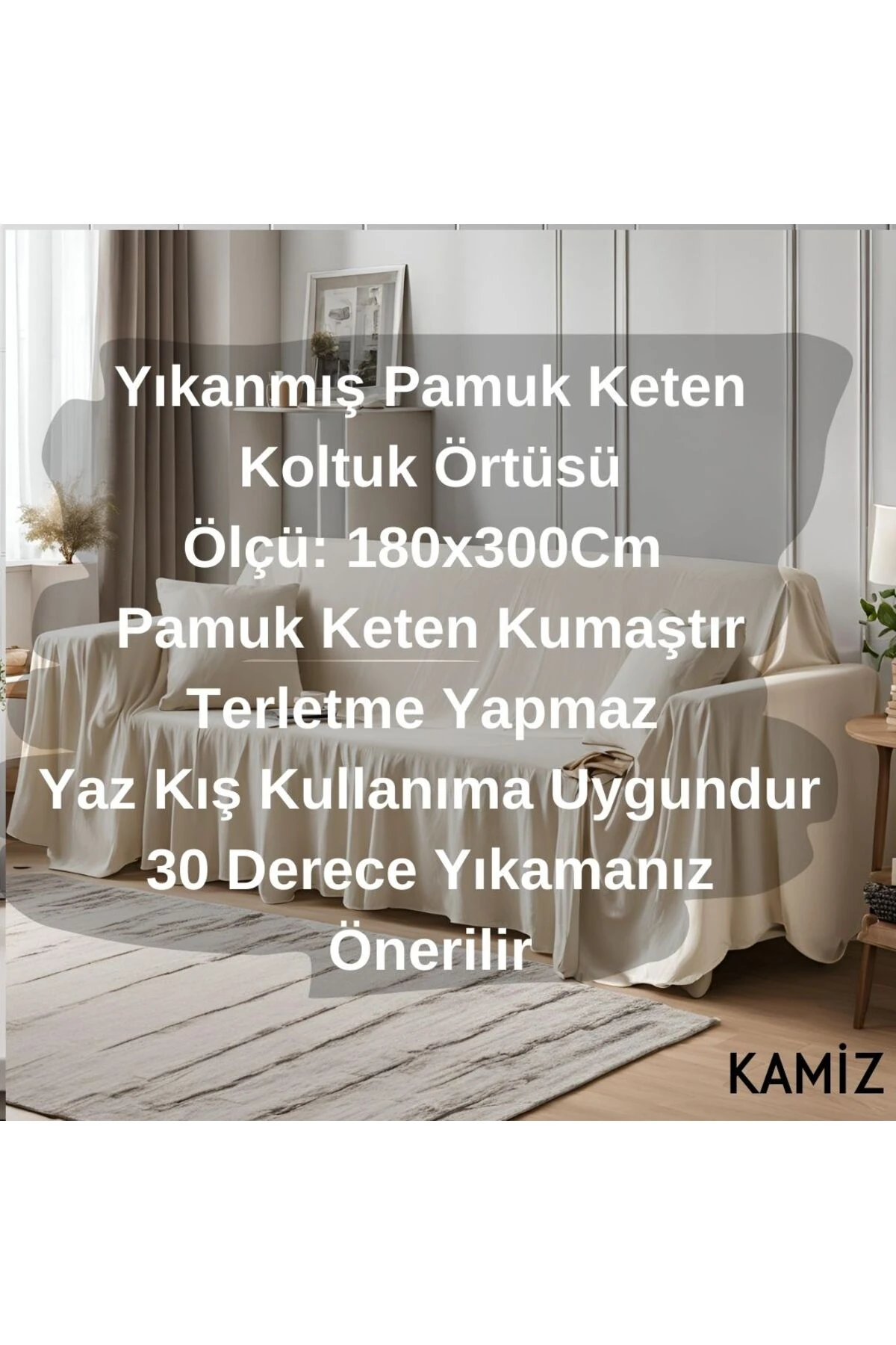 Pamuk Keten Koltuk Örtüsü - Ekru (180x300 cm) - Ekru - 180 x 300