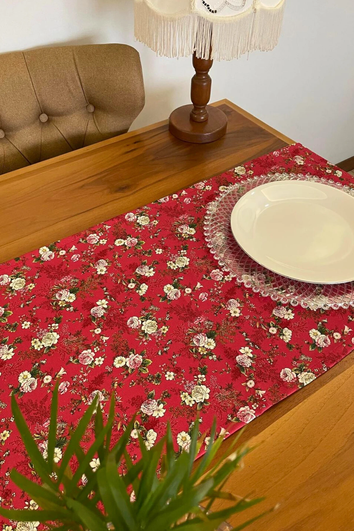 Kırmızı Çiçek Desenli Runner - Kırmızı - 40 x 150