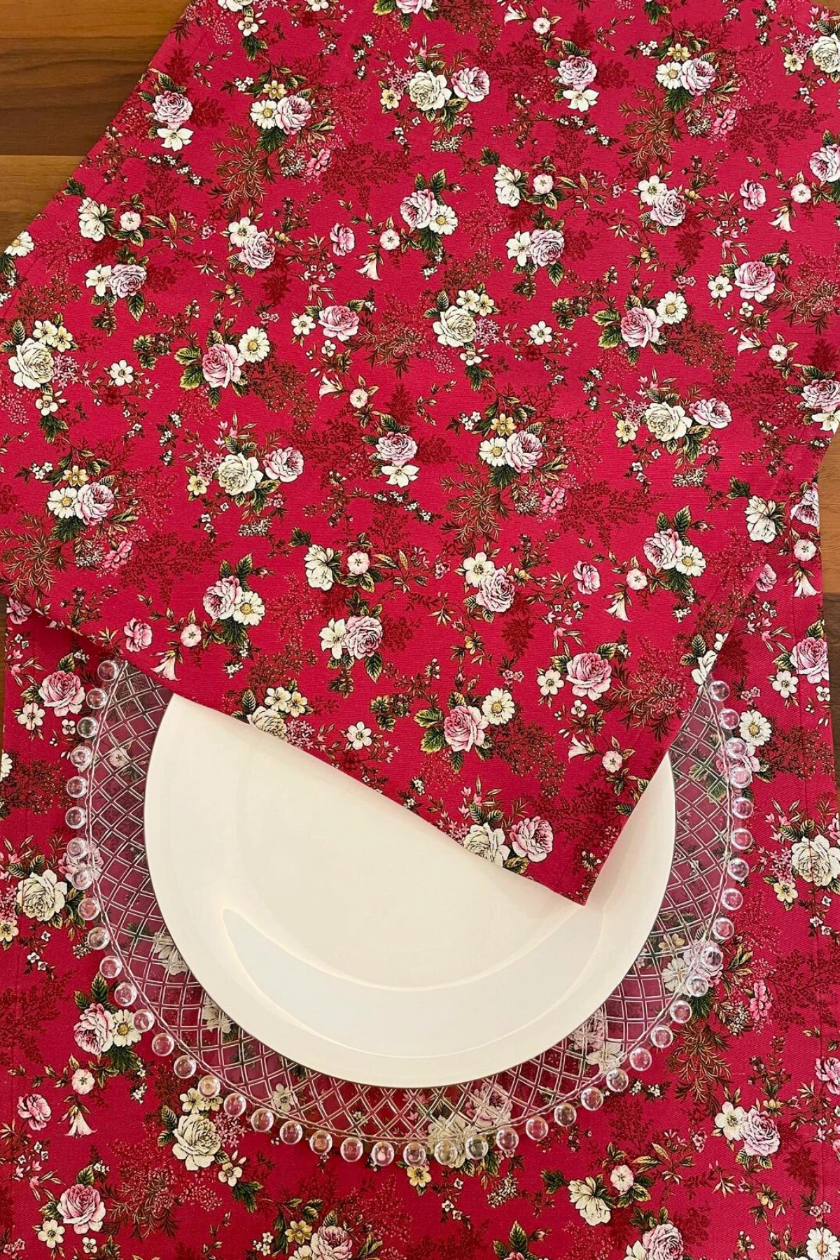 Kırmızı Çiçek Desenli Runner - Kırmızı - 40 x 150