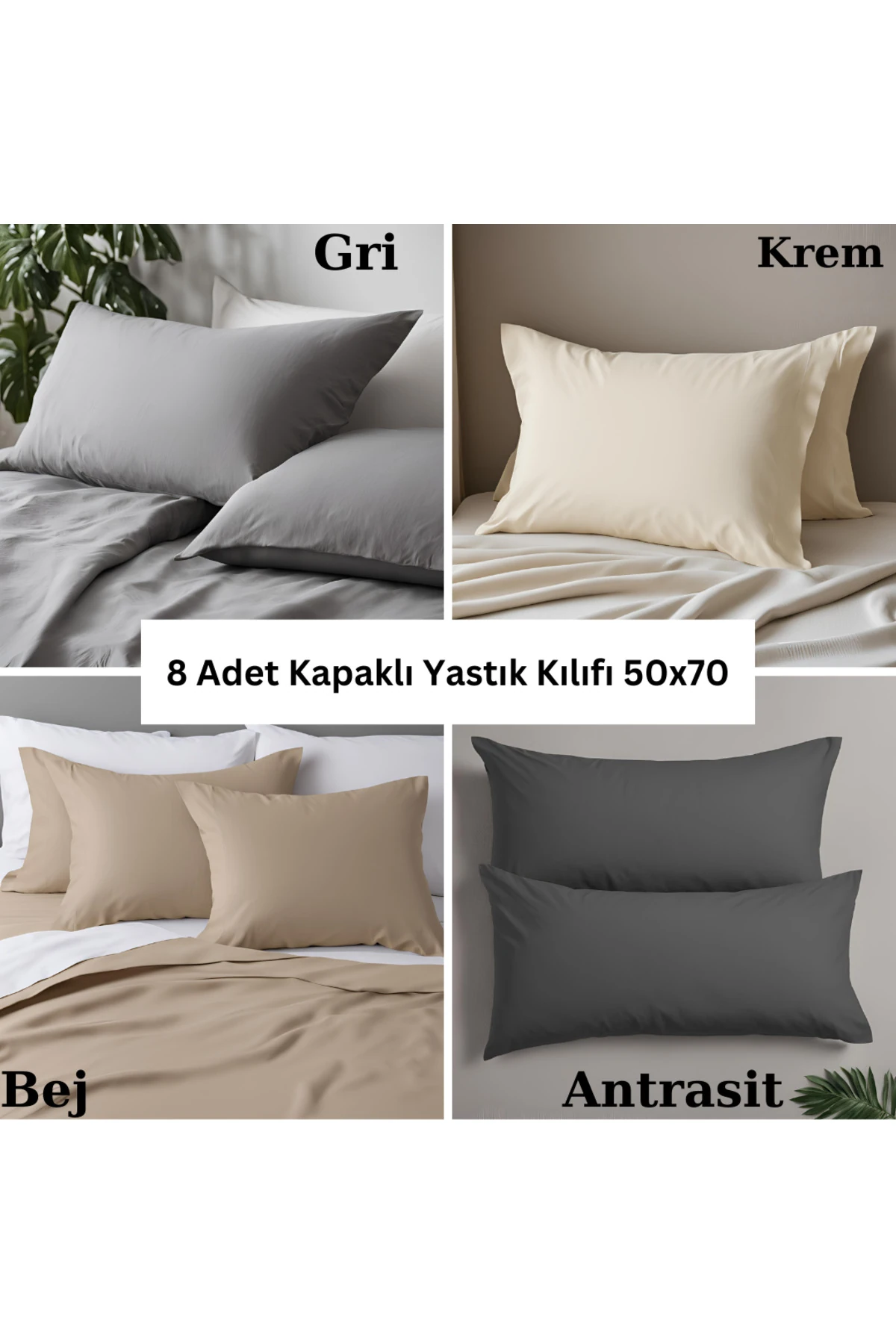 Pamuklu Yastık Kılıfı - 8 Adet - Gri Krem Bej Antrasit - 50 x 70