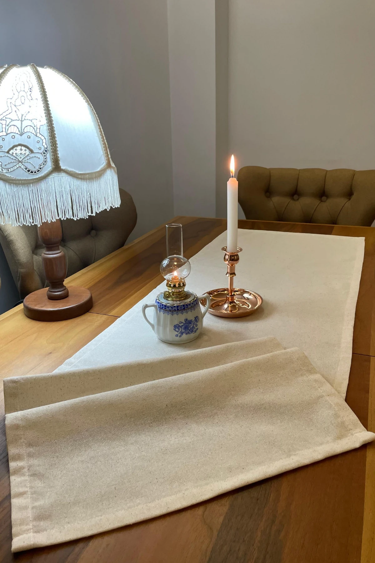 Düz Pamuk Keten Runner - Doğal bej - 40 x 150