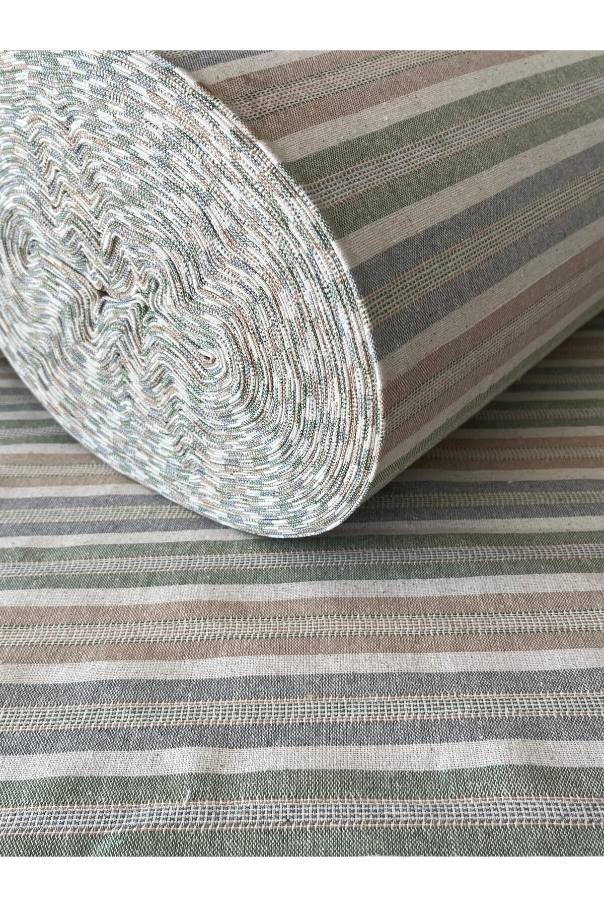 Yıkanmış Çizgili Pamuk Keten Kumaş - Çok Renkli - 100 x 230