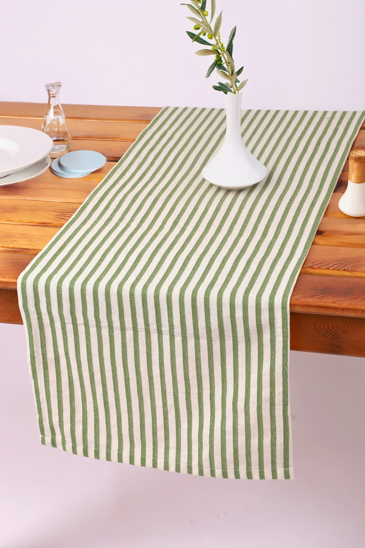 Zümrüt Yeşil Çizgili Keten Runner - Zümrüt Yeşili - 40 x 150