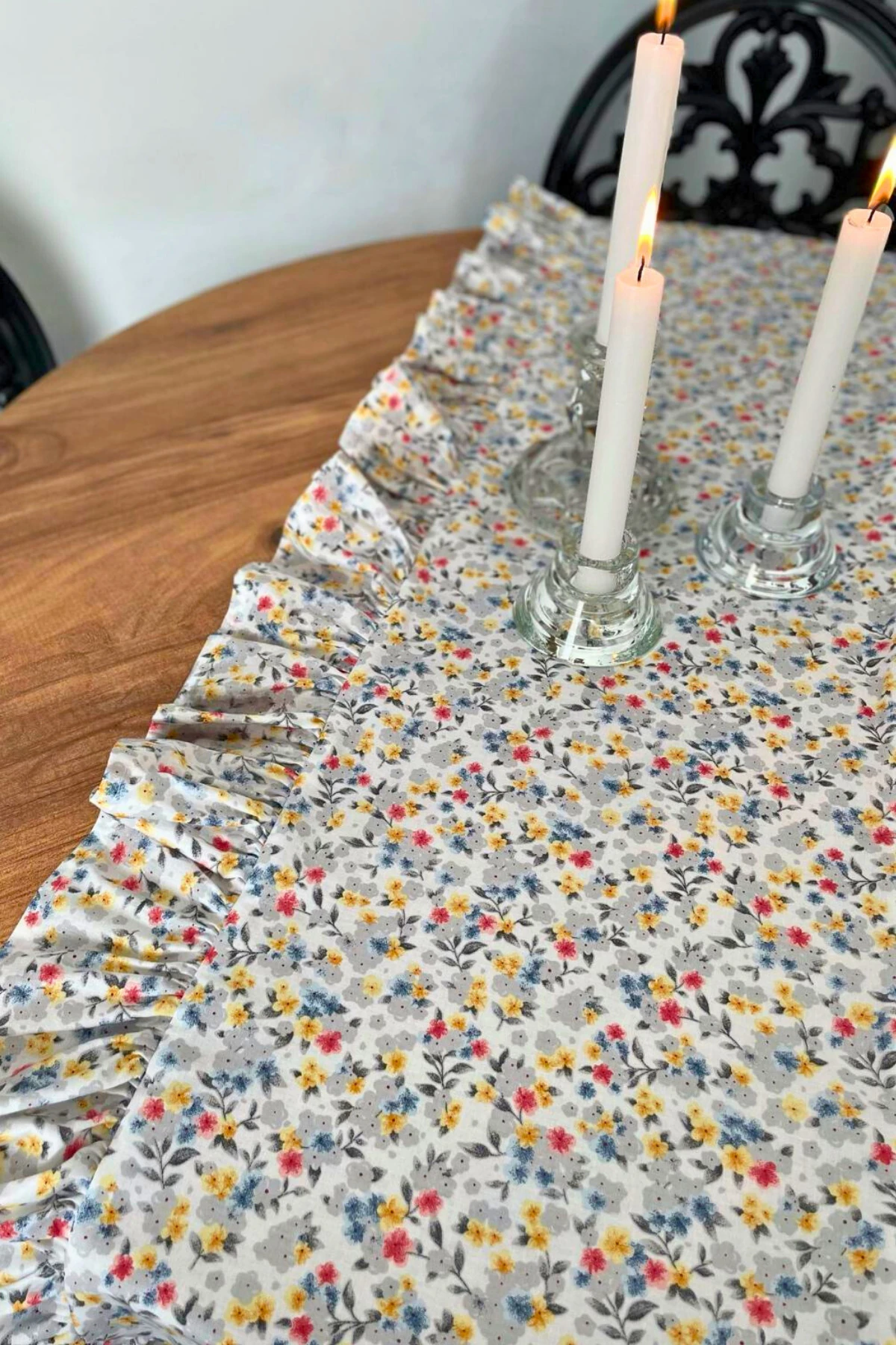 Fırfırlı Çiçek Desenli Runner - Gri - 40 x 110