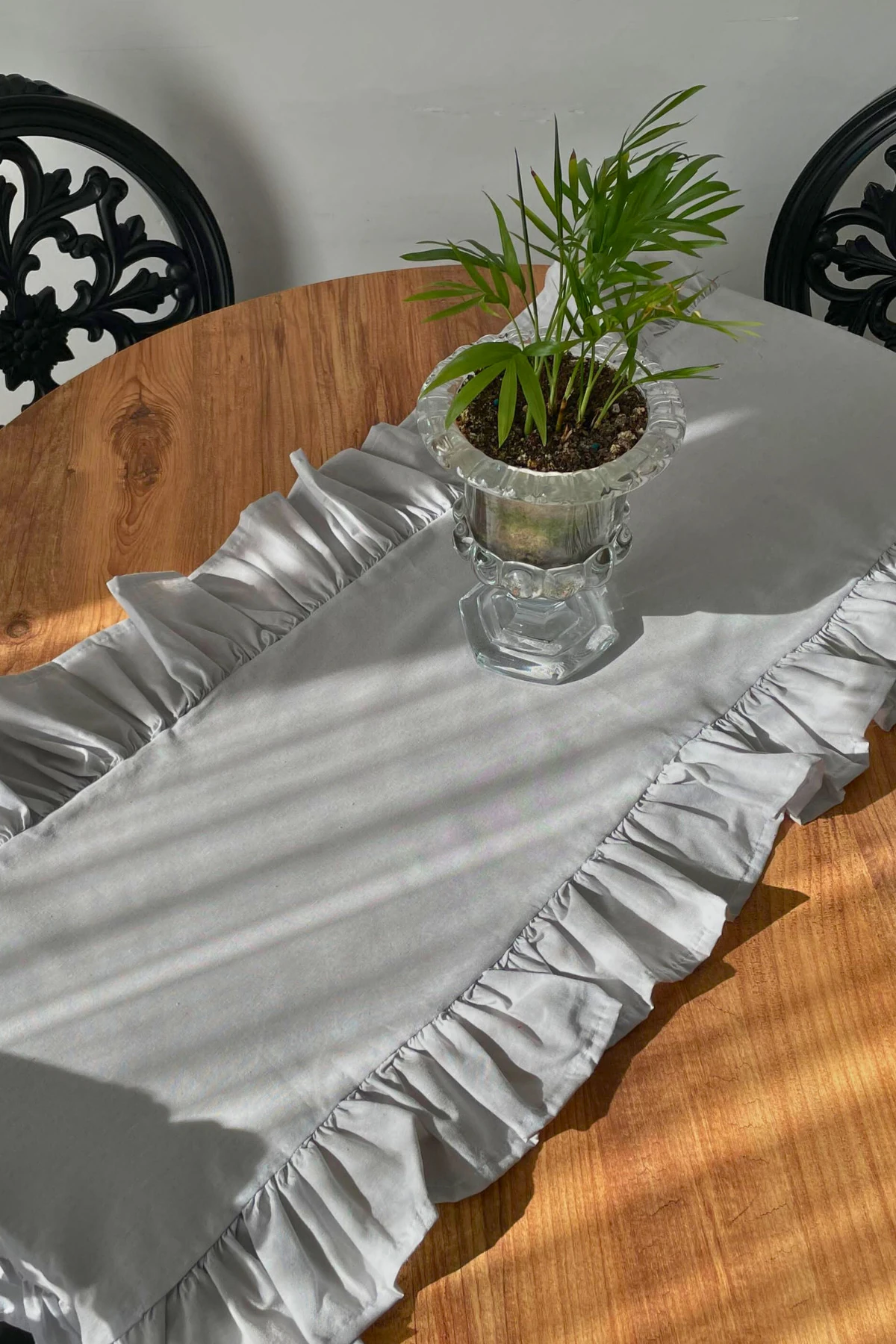 Fırfırlı Keten Runner - Gri - 40 x 110